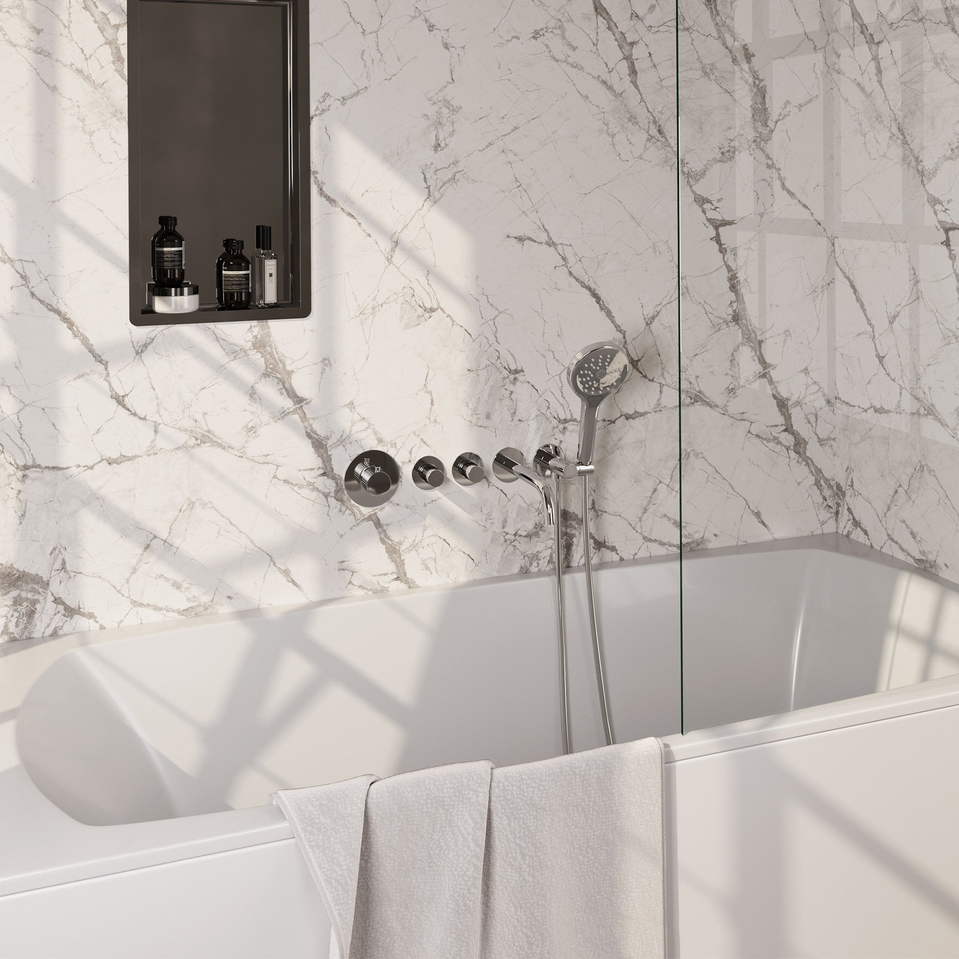 BRAUER Stripe thermostatische inbouw badkraan SET 02 met uitloop en 3-standen handdouche en doucheslang en wandaansluitbocht chroom