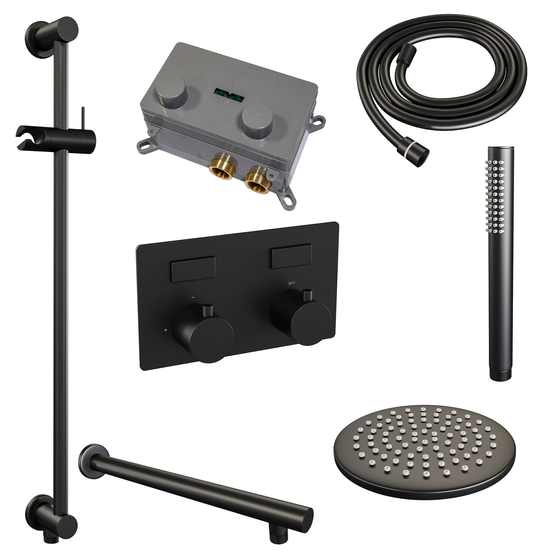 BRAUER Black Edition thermostatische inbouw regendouche met drukknoppen SET 61 met 20 cm douchekop en rechte muurarm en staaf handdouche en doucheslang en geïntegreerde glijstang mat zwart