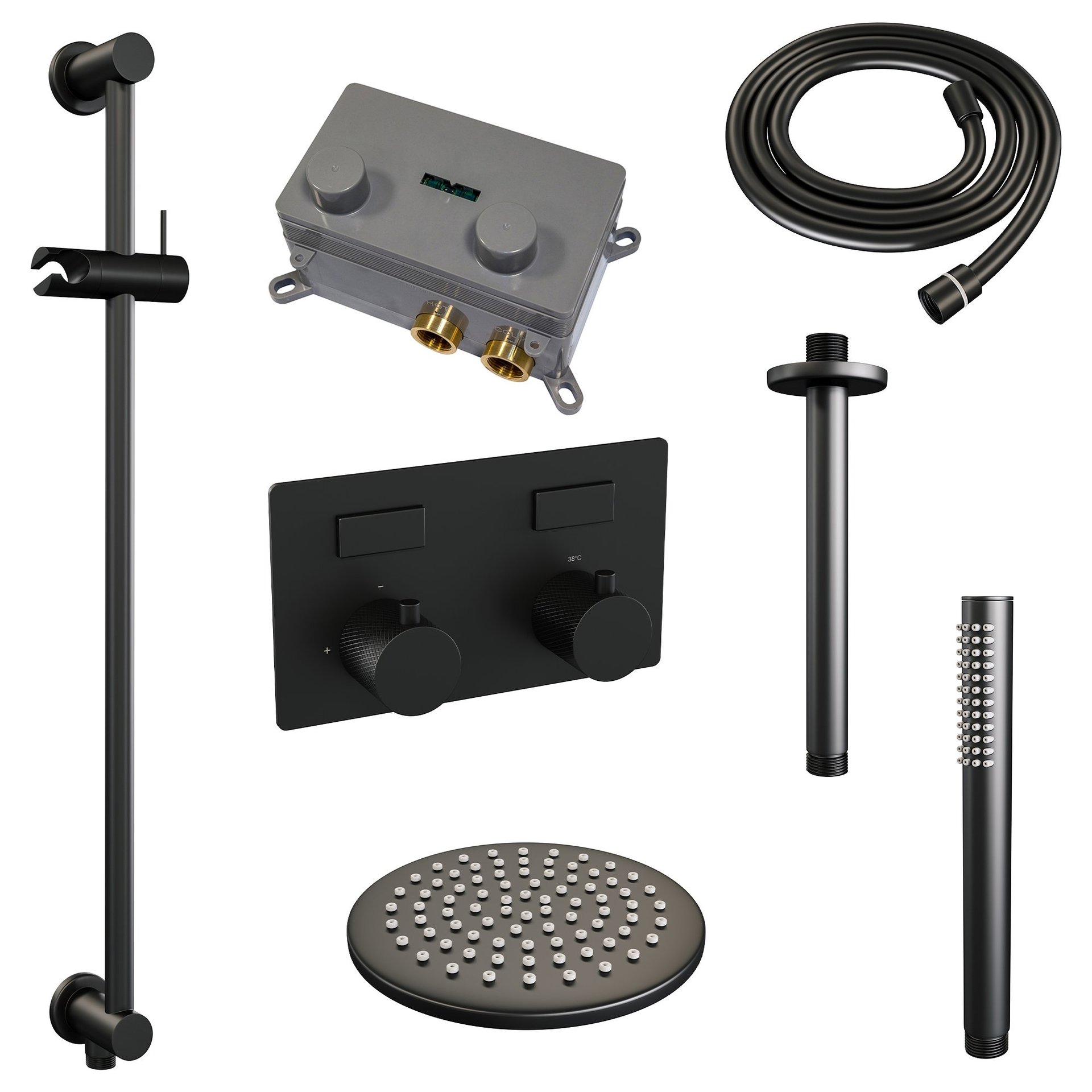 BRAUER Black Carving thermostatische inbouw regendouche met drukknoppen SET 65 met 20 cm douchekop en plafondarm en staaf handdouche en doucheslang en geïntegreerde glijstang mat zwart