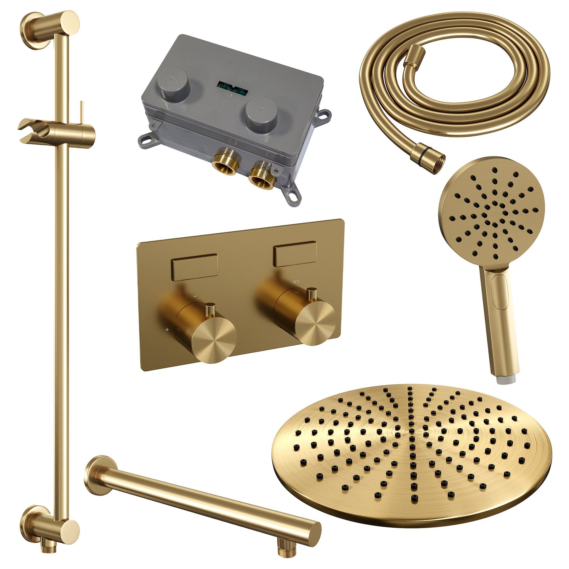 BRAUER Gold Edition thermostatische inbouw regendouche met drukknoppen SET 68 met 30 cm douchekop en rechte muurarm en 3-standen handdouche en doucheslang en geïntegreerde glijstang goud geborsteld PVD