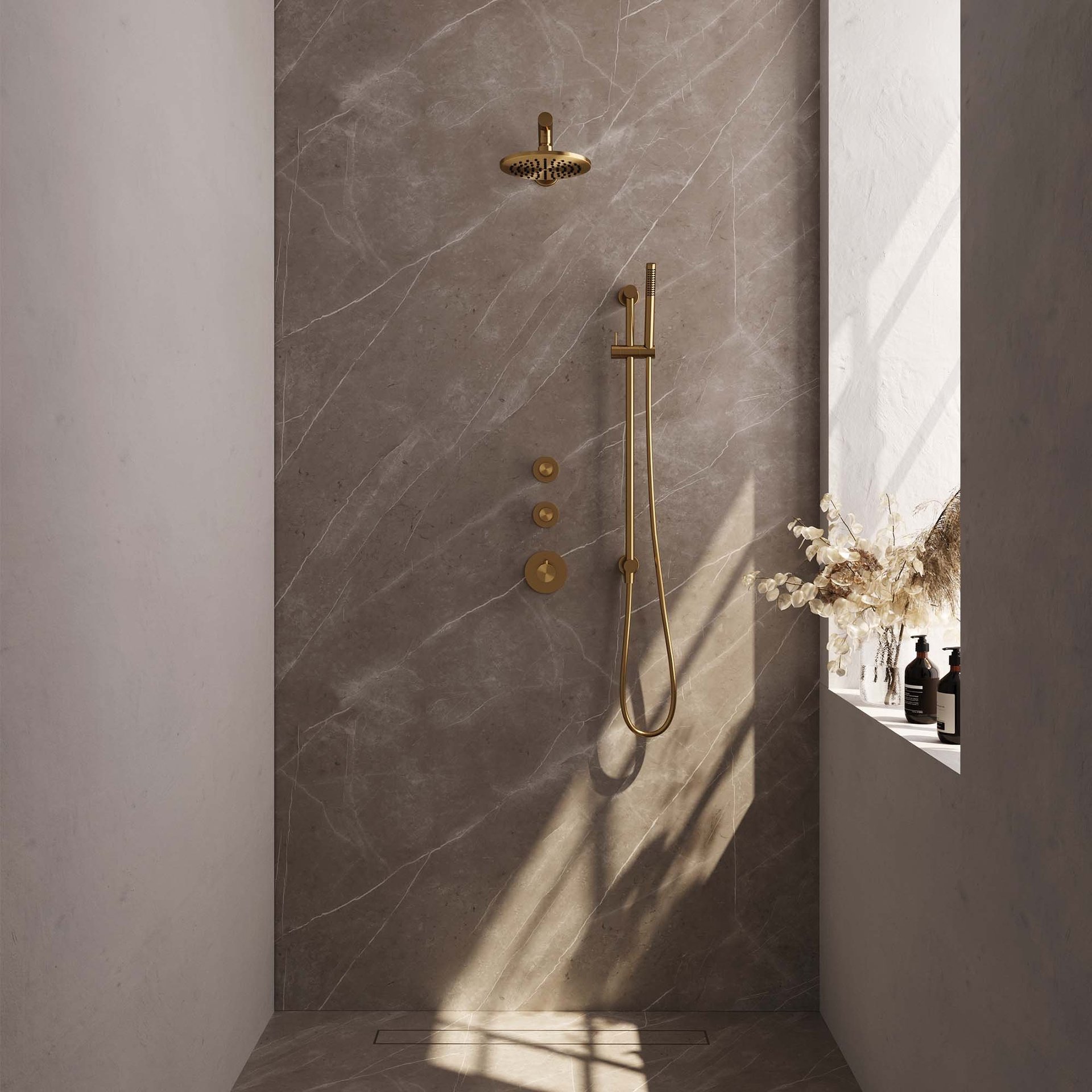 BRAUER Gold Edition thermostatische inbouw regendouche SET 13 met 20 cm douchekop en rechte muurarm en staaf handdouche en doucheslang en geïntegreerde glijstang goud geborsteld PVD