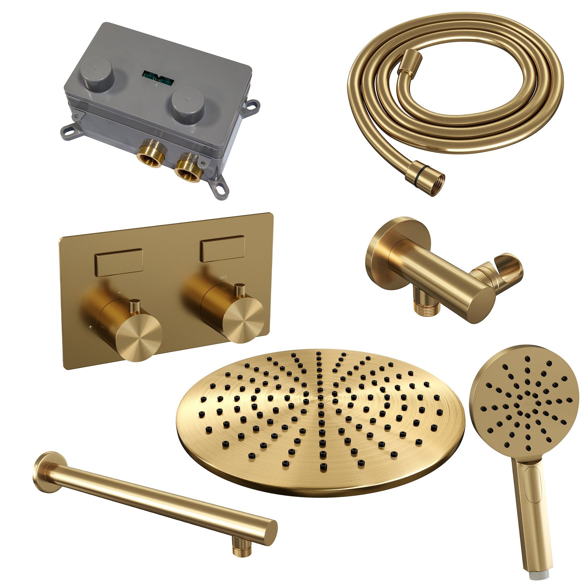 BRAUER Gold Edition thermostatische inbouw regendouche met drukknoppen SET 56 met 30 cm douchekop en rechte muurarm en 3-standen handdouche en doucheslang en wandaansluitbocht goud geborsteld PVD