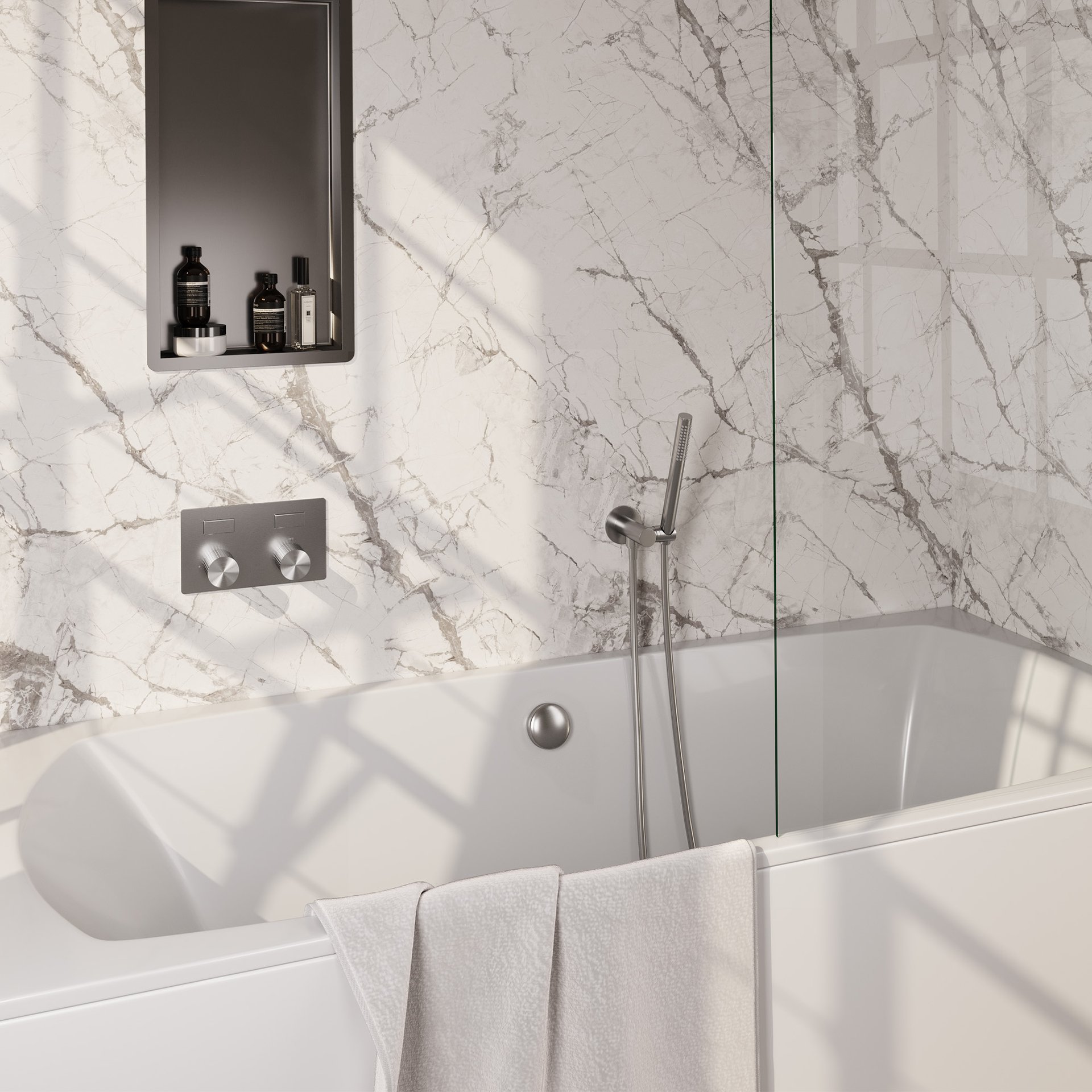 BRAUER Stripe thermostatische inbouw badkraan met drukknoppen SET 03 met badvulcombinatie en staaf handdouche en doucheslang en wandaansluitbocht RVS-kleurig geborsteld PVD