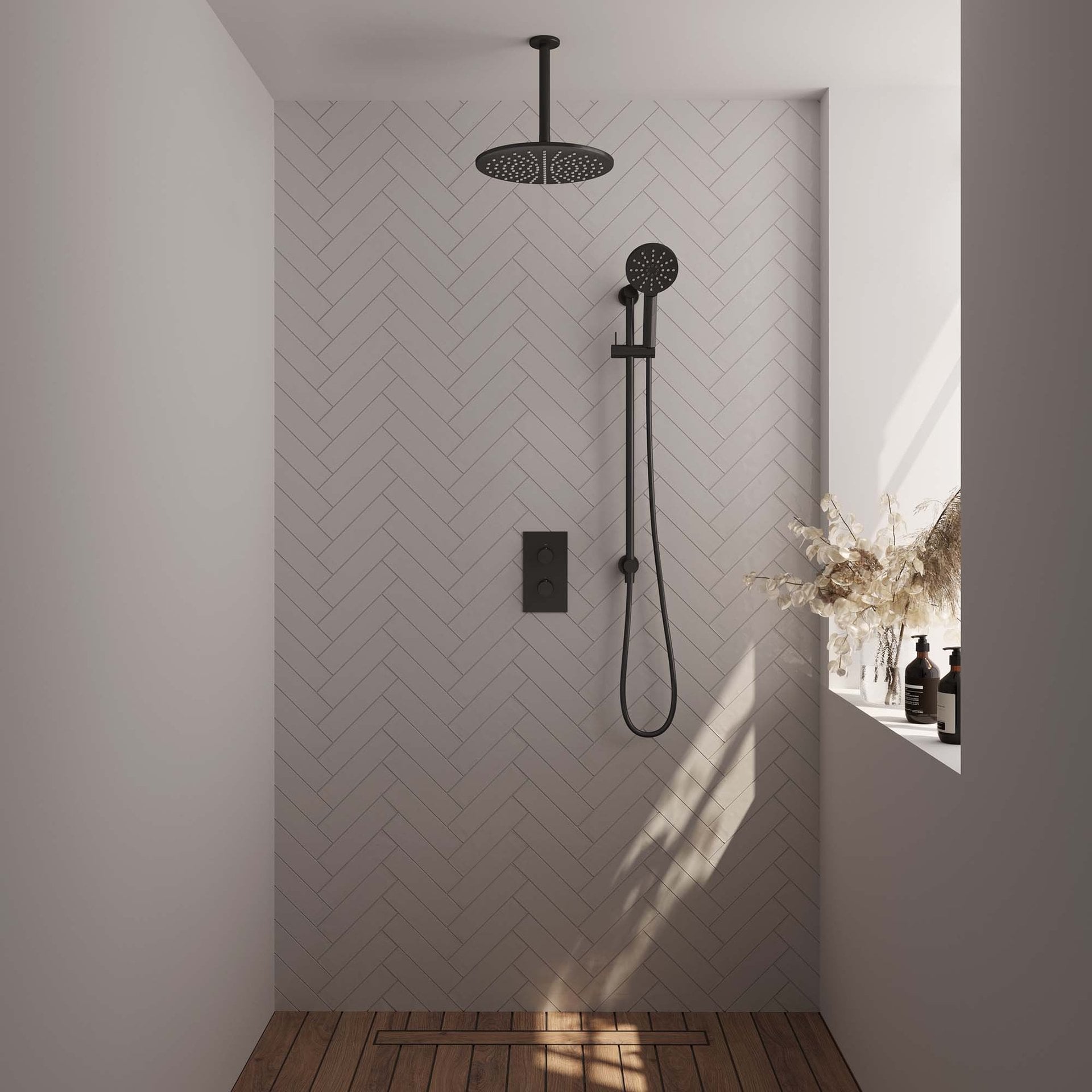 BRAUER Black Edition thermostatische inbouw regendouche 3-weg rechthoekig SET 48 met 30 cm douchekop en plafondarm en 3-standen handdouche en doucheslang en geïntegreerde glijstang mat zwart
