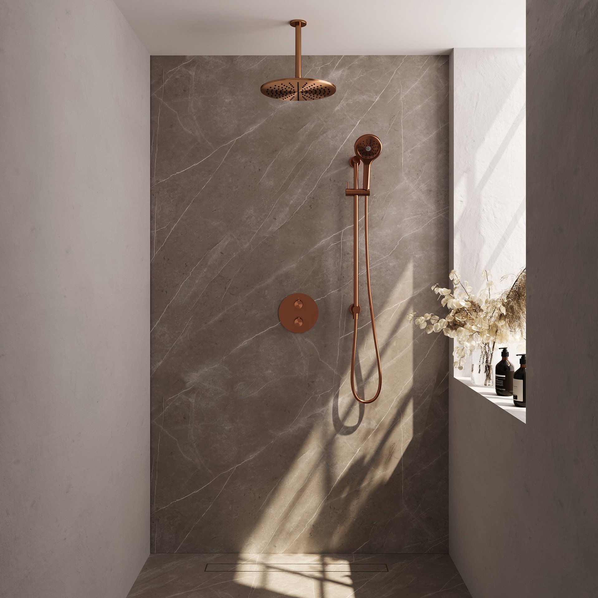 BRAUER Copper Carving thermostatische inbouw regendouche 3-weg rond SET 96 met 30 cm douchekop en plafondarm en 3-standen handdouche en doucheslang en geïntegreerde glijstang koper geborsteld PVD