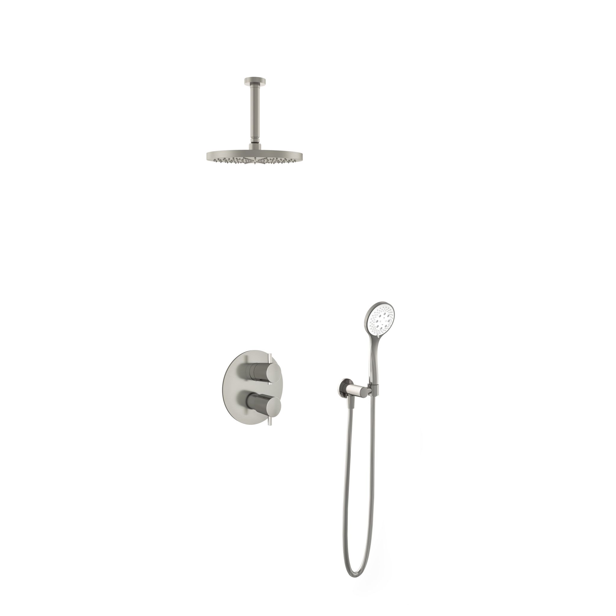 Hotbath Laddy Inbouw Regendoucheset Rond Met 2-Weg-Omstel, Plafondbuis 15cm, Hoofddouche 25cm En 3-Standen Handdouche Geborsteld Nikkel