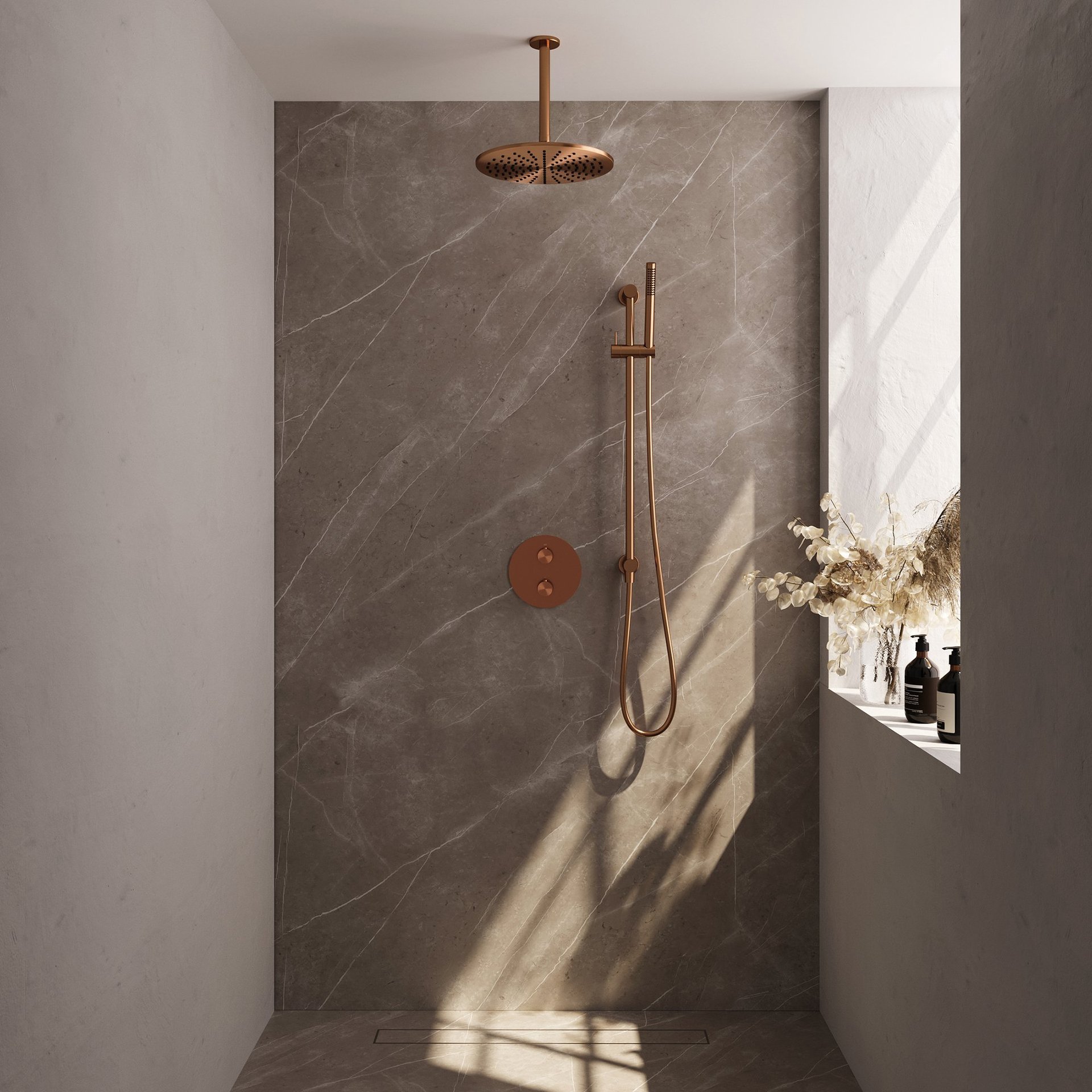 BRAUER Copper Edition thermostatische inbouw regendouche 3-weg rond SET 90 met 30 cm douchekop en plafondarm en staaf handdouche en doucheslang en geïntegreerde glijstang koper geborsteld PVD