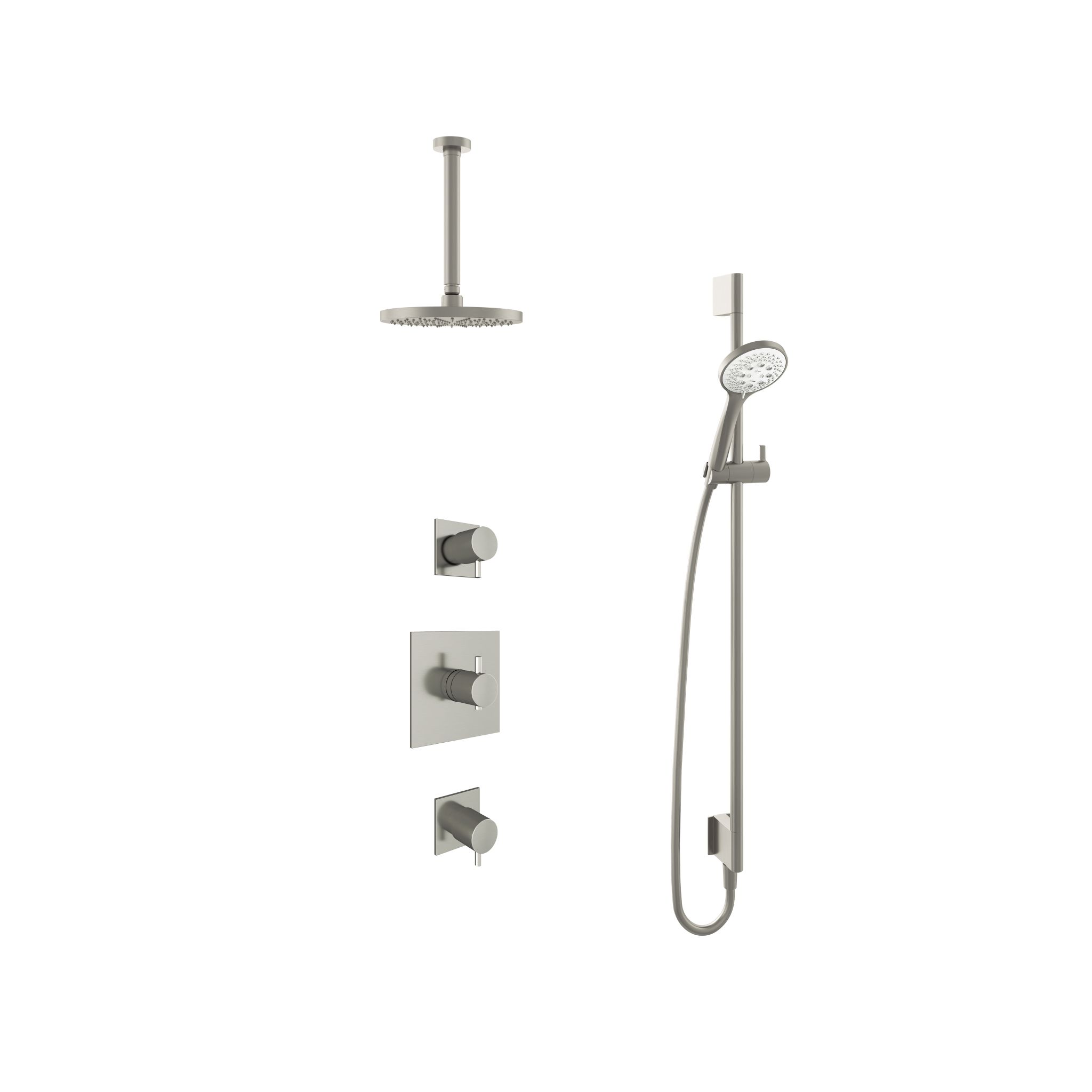 Hotbath Laddy Inbouw Regendoucheset Rond-Vierkant Met 2 Stopkranen, Plafondbuis 30cm, Hoofddouche 20cm, 3-Standen Handdouche En Glijstang Geborsteld Nikkel