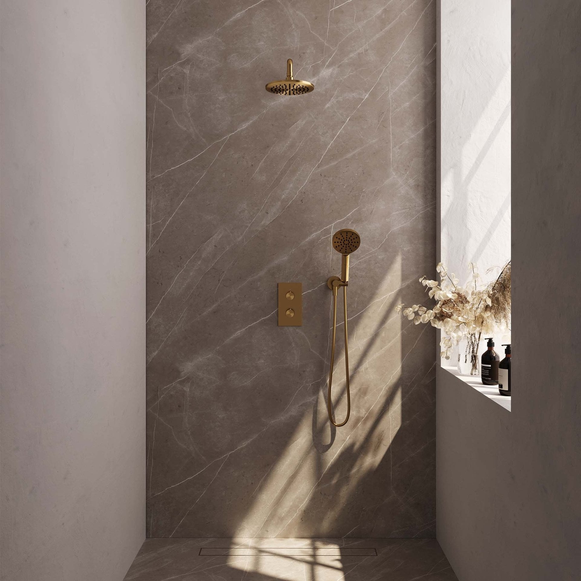 BRAUER Gold Edition thermostatische inbouw regendouche 3-weg rechthoekig SET 33 met 20 cm douchekop en gebogen muurarm en 3-standen handdouche en doucheslang en wandaansluitbocht goud geborsteld PVD
