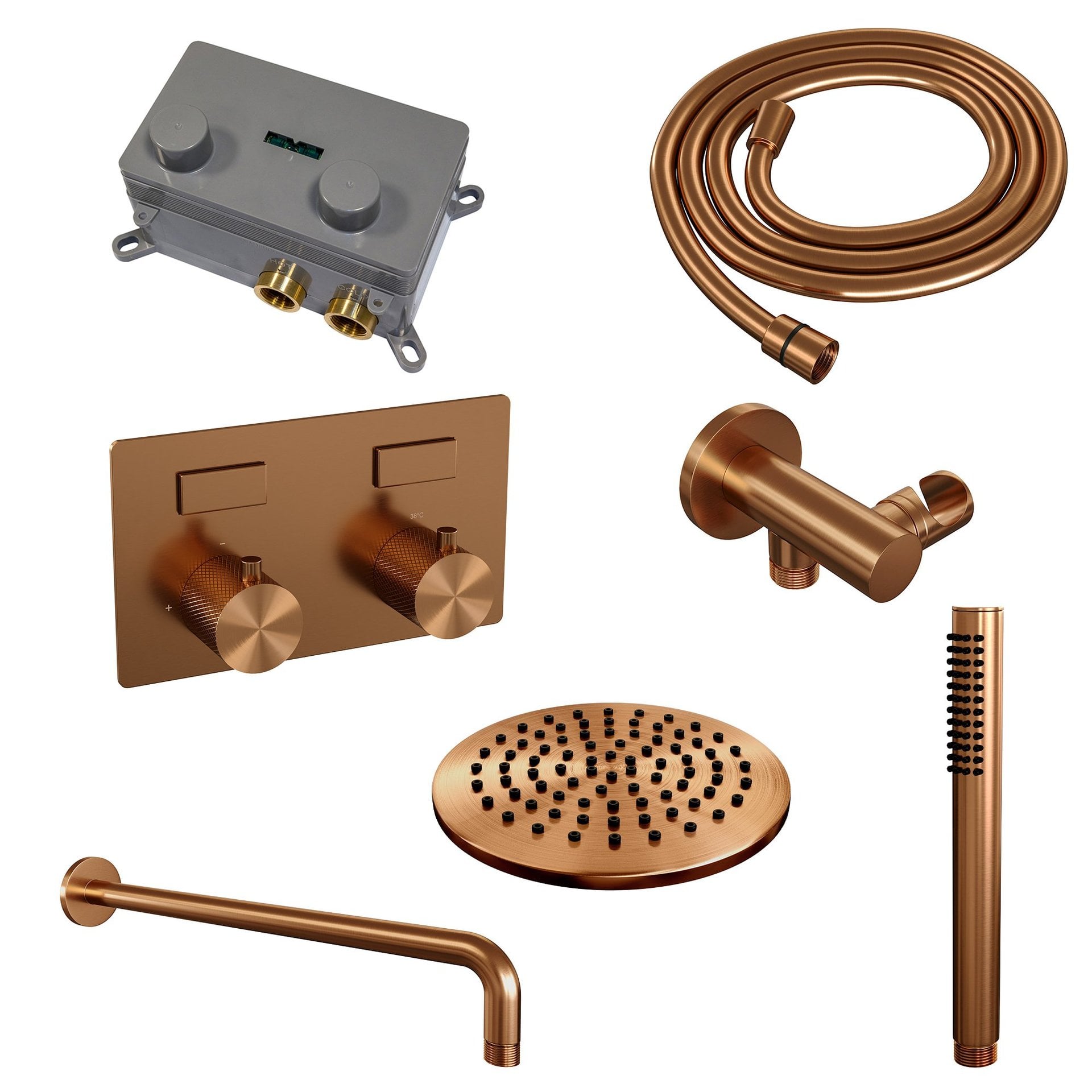 BRAUER Copper Carving thermostatische inbouw regendouche met drukknoppen SET 51 met 20 cm douchekop en gebogen muurarm en staaf handdouche en doucheslang en wandaansluitbocht koper geborsteld PVD