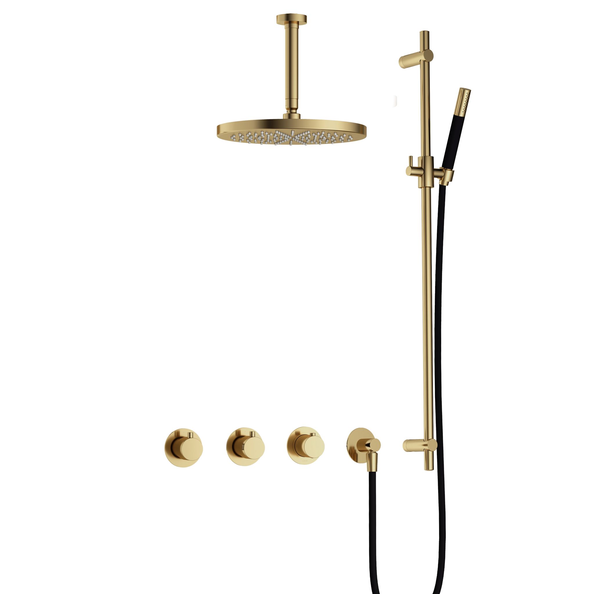Hotbath Cobber Inbouw Regendoucheset Met Thermostaatkraan, 2 Stopkranen, Plafondbuis 15cm, Hoofddouche 30cm, Staafhanddouche En Glijstang Gepolijst Messing