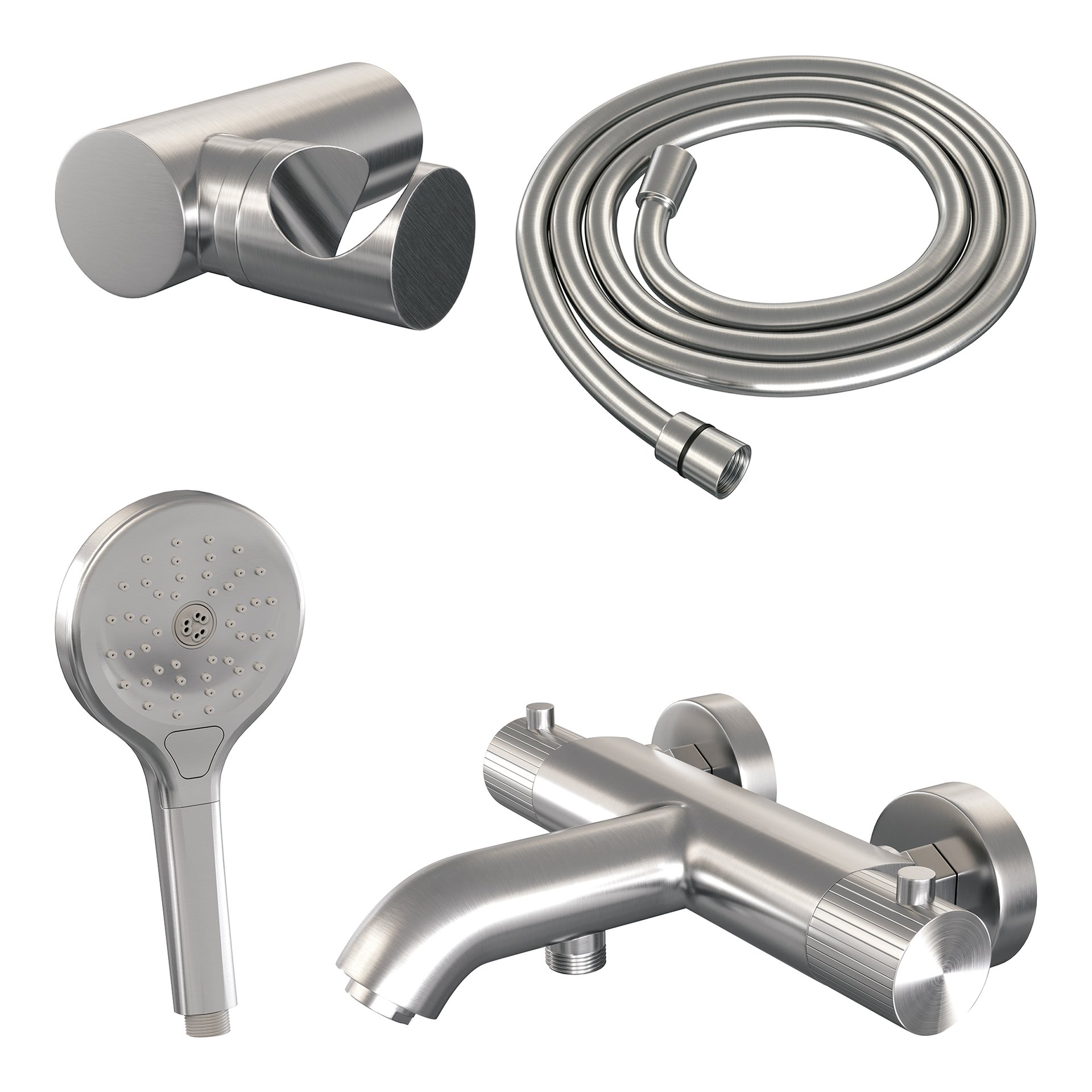 BRAUER Stripe opbouw baddouche thermostaatkraan SET 04 met wandhouder en 3-standen handdouche en doucheslang RVS-kleurig geborsteld PVD
