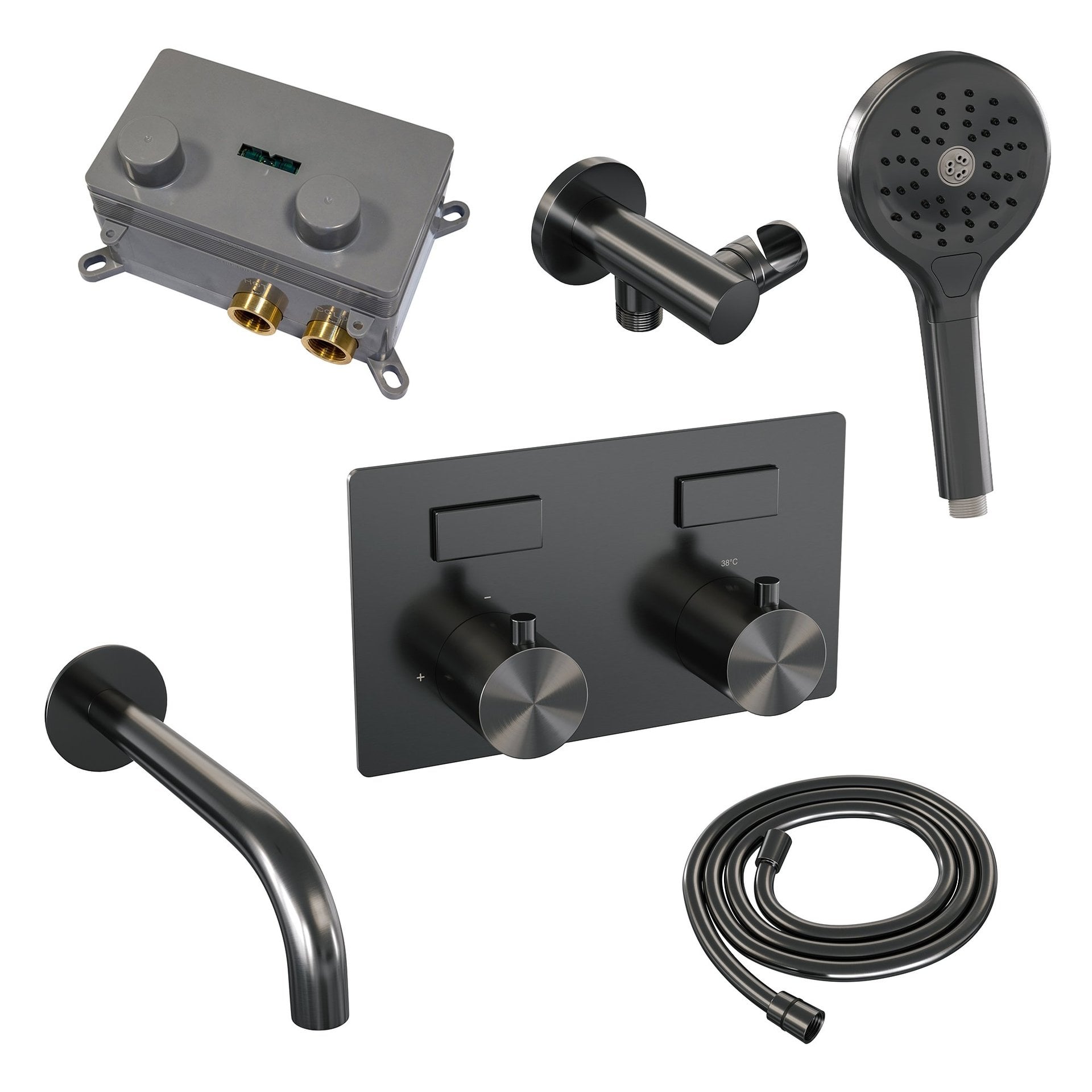 BRAUER Gunmetal Edition thermostatische inbouw badkraan met drukknoppen SET 04 met uitloop en 3-standen handdouche en doucheslang en wandaansluitbocht gunmetal geborsteld PVD