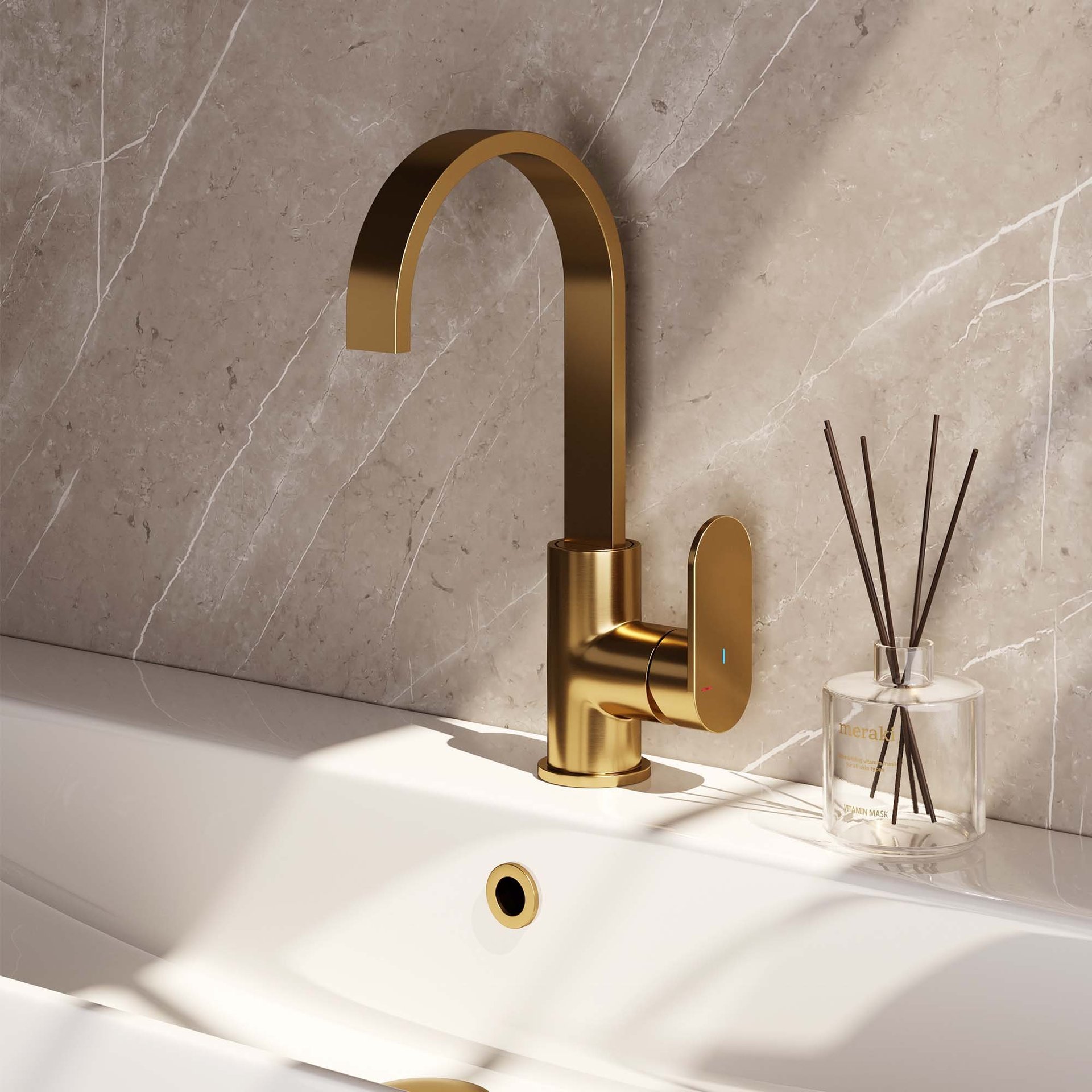 BRAUER Gold Edition hoge opbouw wastafelmengkraan met draaibare platte uitloop model C goud geborsteld PVD