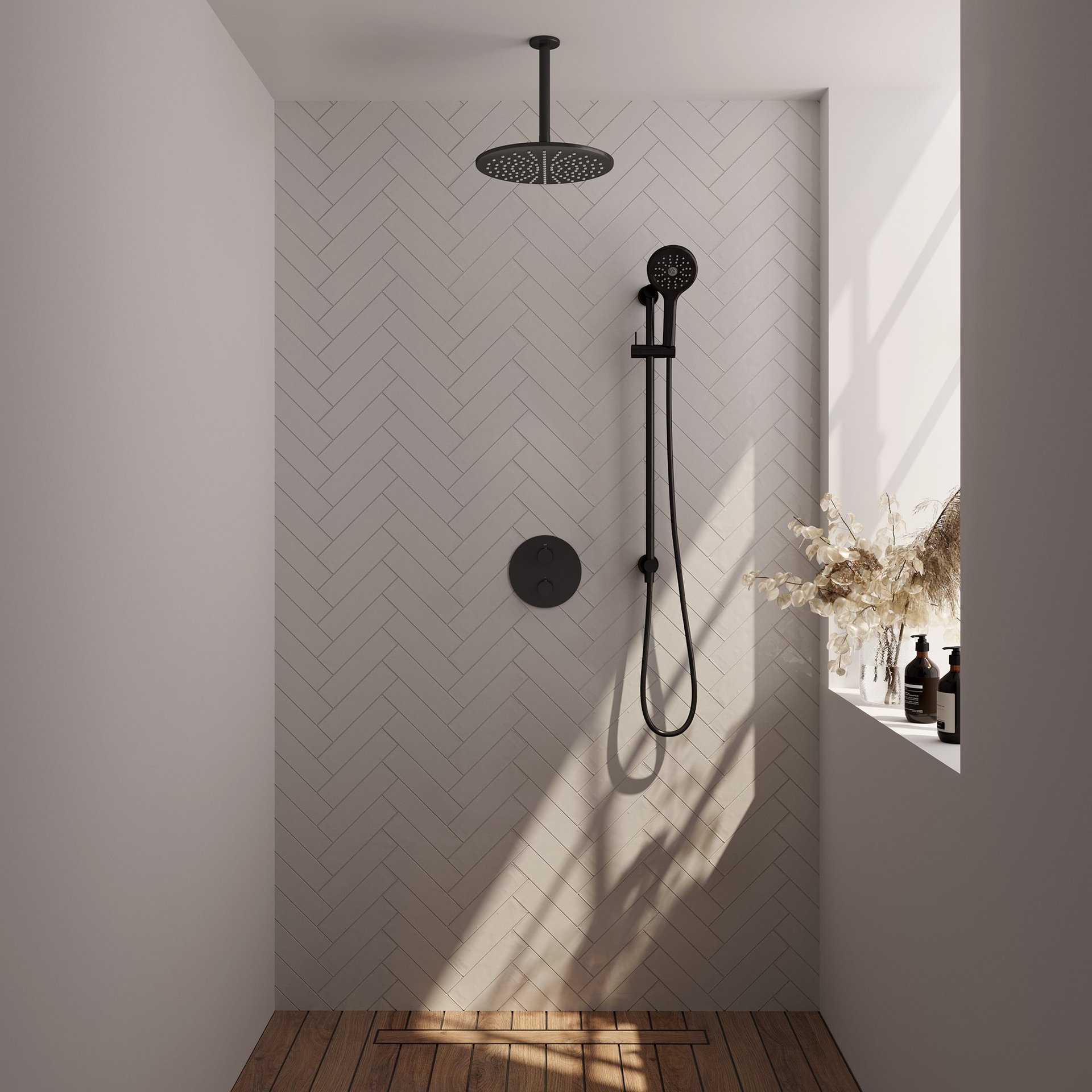 BRAUER Black Edition thermostatische inbouw regendouche 3-weg rond SET 96 met 30 cm douchekop en plafondarm en 3-standen handdouche en doucheslang en geïntegreerde glijstang mat zwart