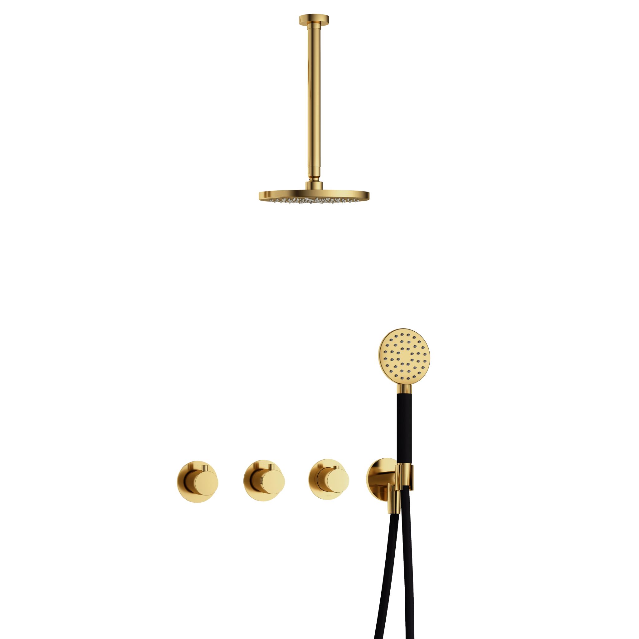 Hotbath Cobber Inbouw Regendoucheset Met Thermostaatkraan, 2 Stopkranen, Plafondbuis 30cm, Hoofddouche 20cm En 3-Standen Handdouche Gepolijst Messing PVD