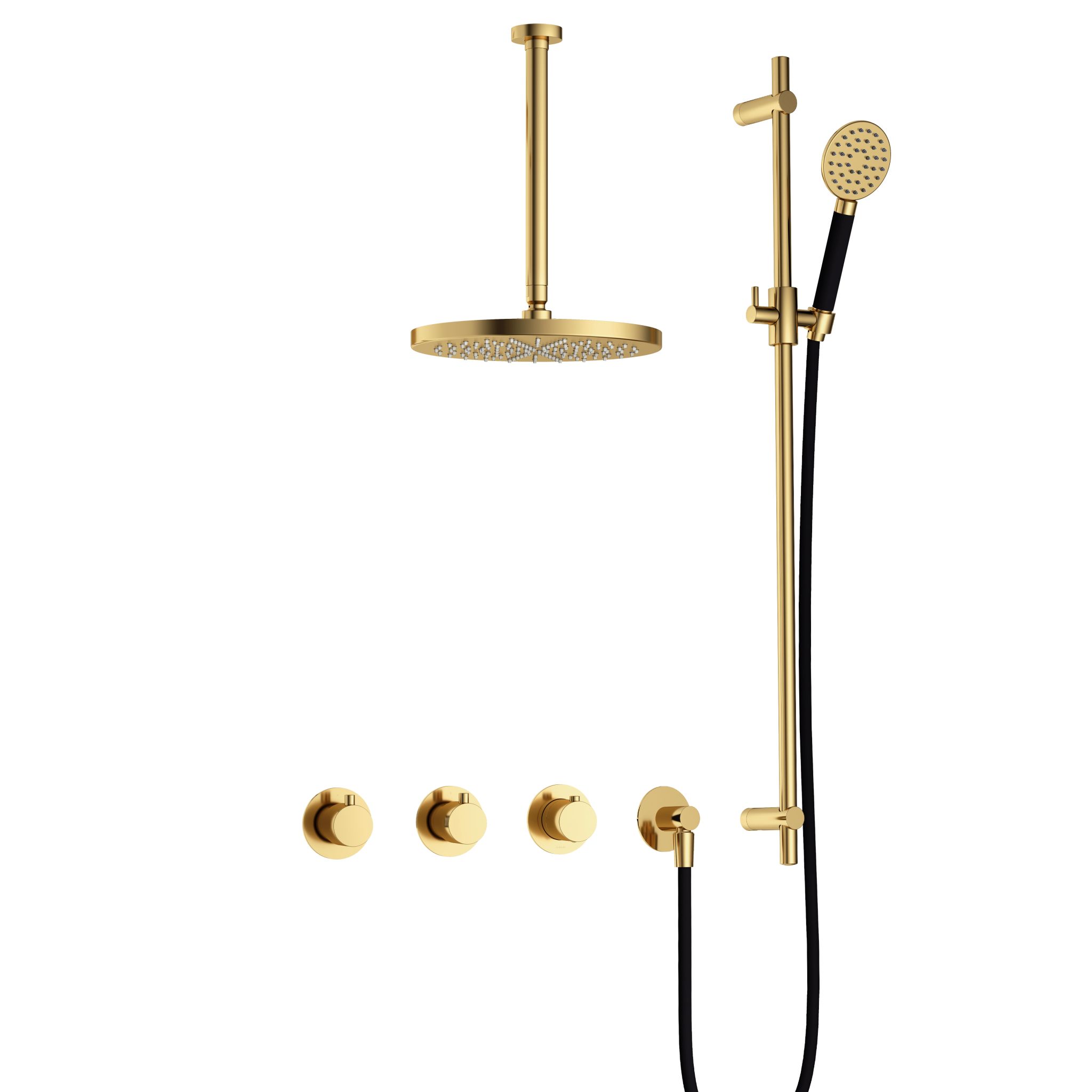 Hotbath Cobber Inbouw Regendoucheset Met Thermostaatkraan, 2 Stopkranen, Plafondbuis 30cm, Hoofddouche 30cm, 3-Standen Handdouche En Glijstang Gepolijst Messing PVD