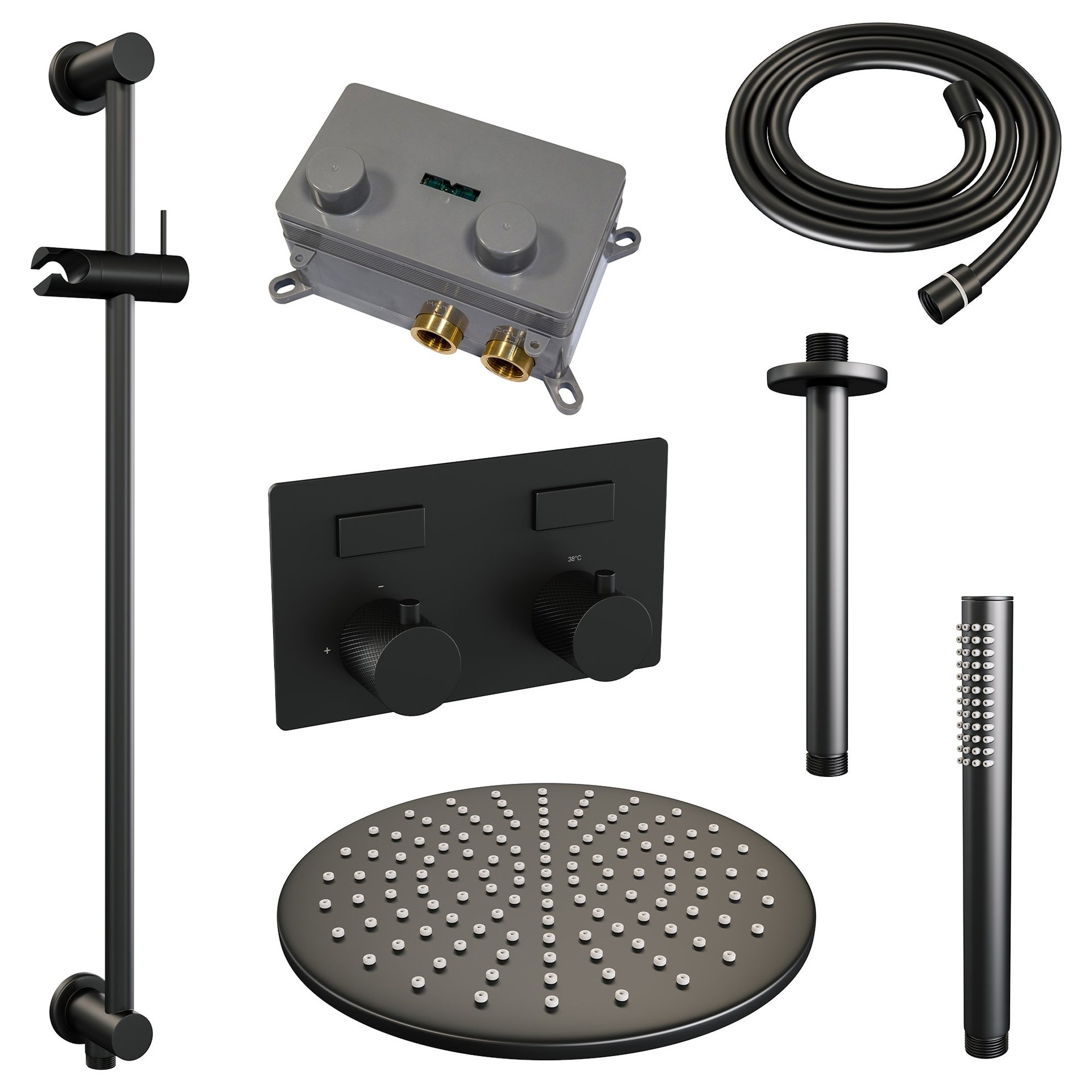BRAUER Black Carving thermostatische inbouw regendouche met drukknoppen SET 66 met 30 cm douchekop en plafondarm en staaf handdouche en doucheslang en geïntegreerde glijstang mat zwart