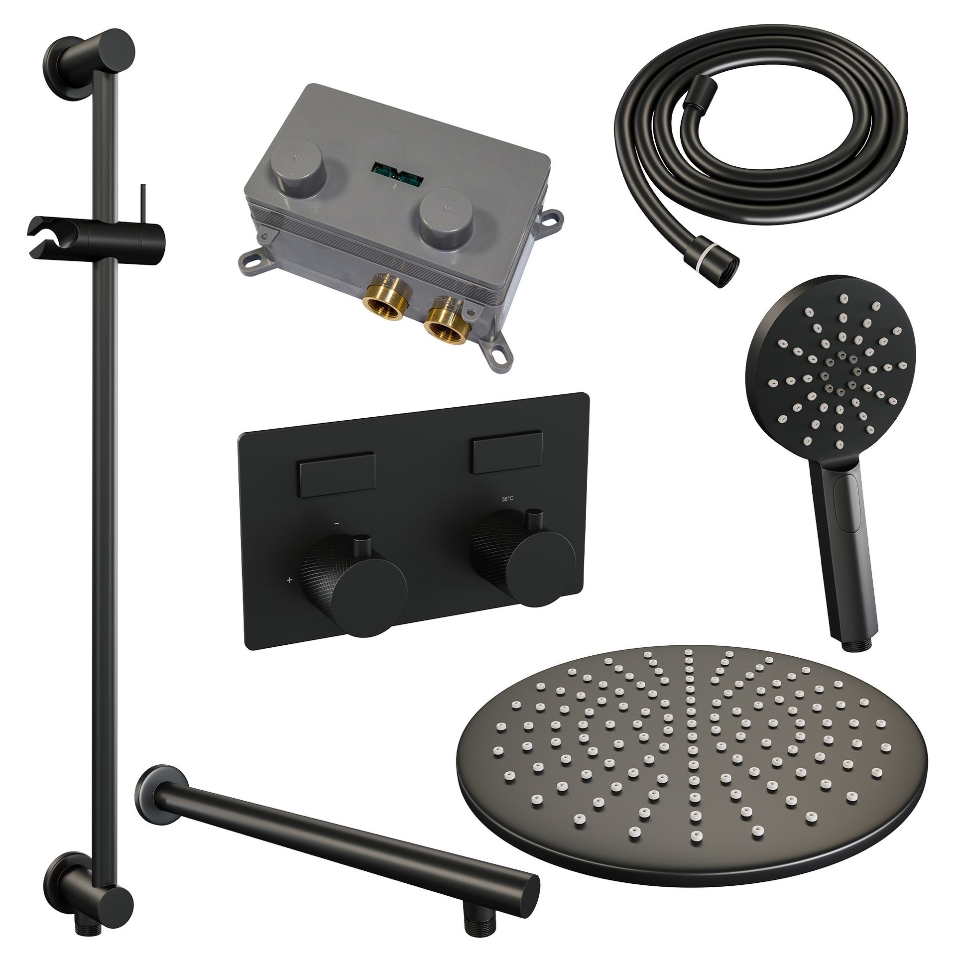 BRAUER Black Carving thermostatische inbouw regendouche met drukknoppen SET 68 met 30 cm douchekop en rechte muurarm en 3-standen handdouche en doucheslang en geïntegreerde glijstang mat zwart