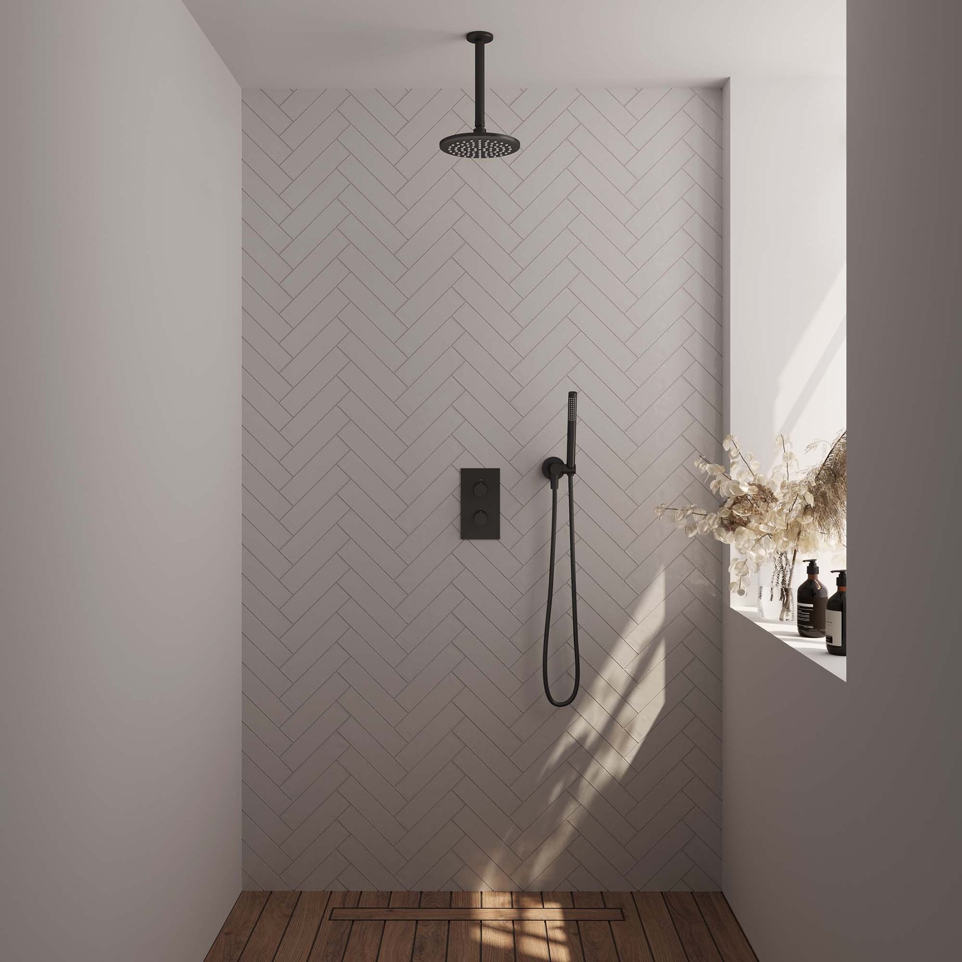 BRAUER Black Carving thermostatische inbouw regendouche 3-weg rechthoekig SET 29 met 20 cm douchekop en plafondarm en staaf handdouche en doucheslang en wandaansluitbocht mat zwart