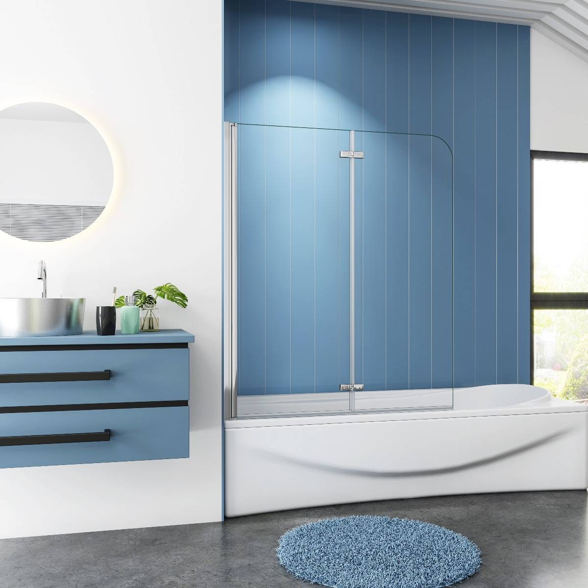 Badwand 2-delig 110x140 6mm Helder Glas Antikalk Chroom nano coating omkeerbaar Badwand 2-delig 110x140 6mm Helder Glas Antikalk Chroom nano coating omkeerbaar