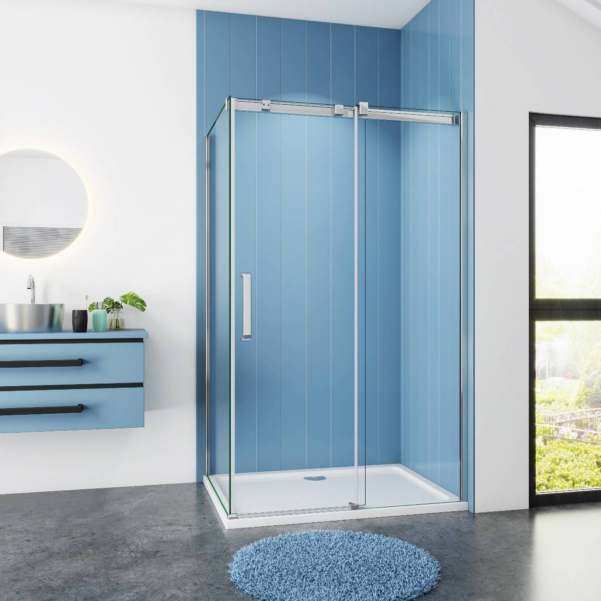 Douchecabine Rechthoek 140x90x200 Schuifdeur 8mm Helder Glas Antikalk Chroom Rechts voorkant nano coating