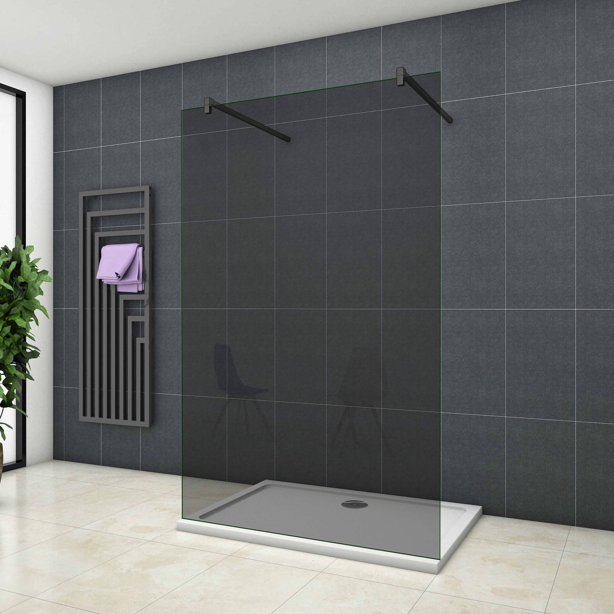 Inloopdouche Vrijstaand 100x200 10mm Rookglas Antikalk Mat Zwart stabilisatiestangen nano coating