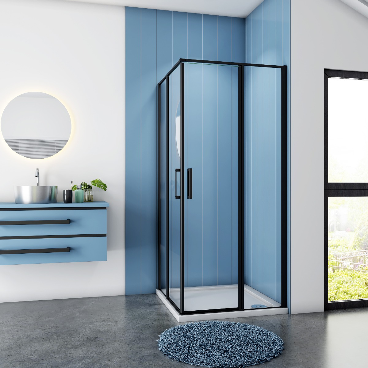 bar Verkleuren Twee graden Douchecabine Vierkant Anemoon 90X90X185 Hoekinstap Zwart | Sanexo
