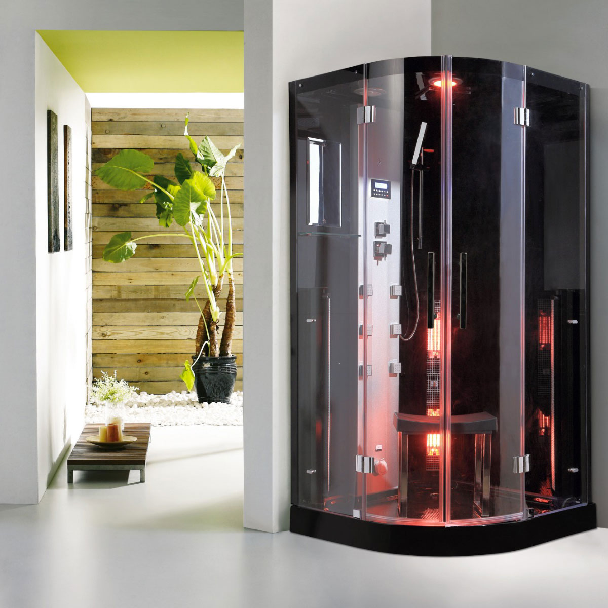 Iduna Rustica Infrarood Stoomcabine 1 Persoons Black 100X100X215 Cm Met Mengkraan Regendouche Massagejets Led-Verlichting Bluetooth