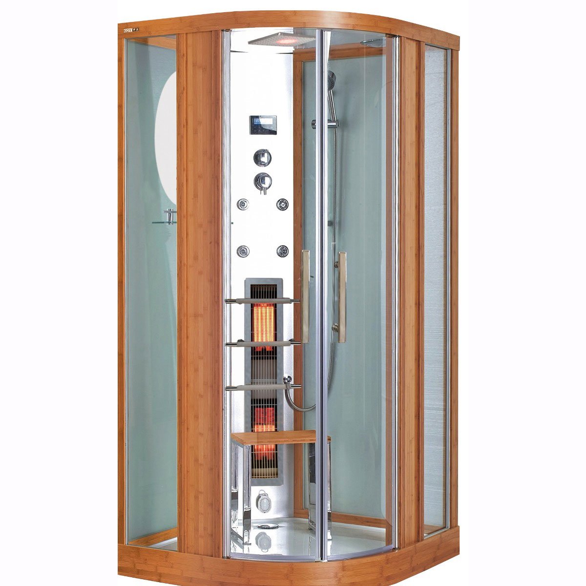 Linea Rustica Infrarood Stoomcabine 1 Persoons Bamboo 100X100X215 cm Met Mengkraan Regendouche Massagejets Led-Verlichting Bluetooth