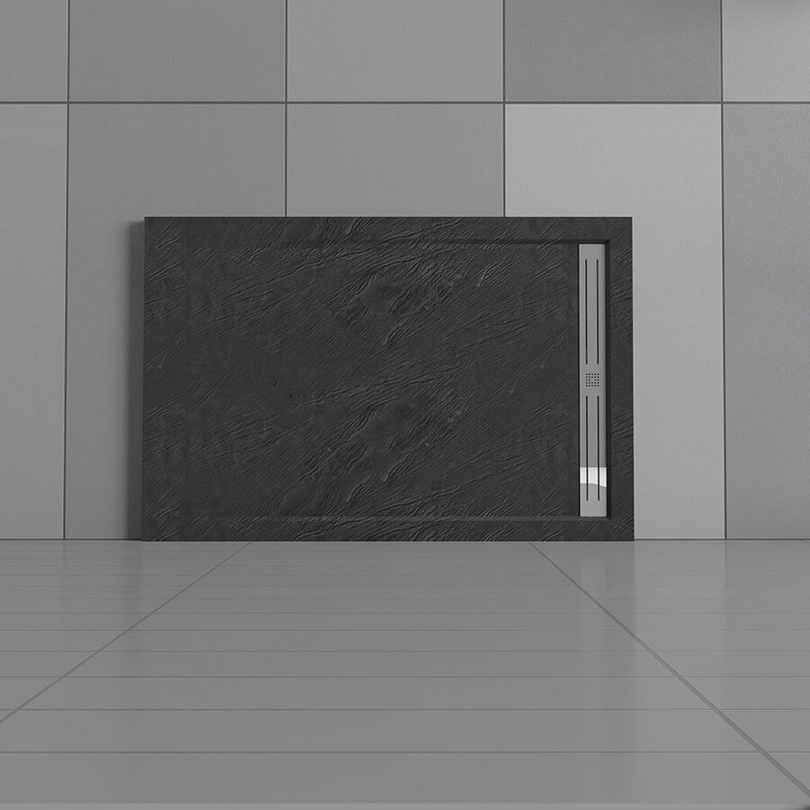 Douchebak Mat Zwart Natuursteen Look Daisy Rechthoek 100X80 Polystone (Exclusief Sifon)