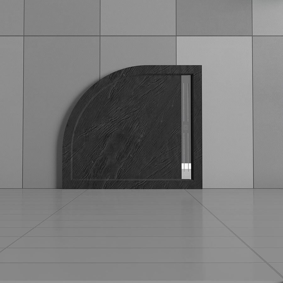 Douchebak Mat Zwart Natuursteen Look Daisy Kwart Rond 80X80 Polystone (Exclusief Sifon)