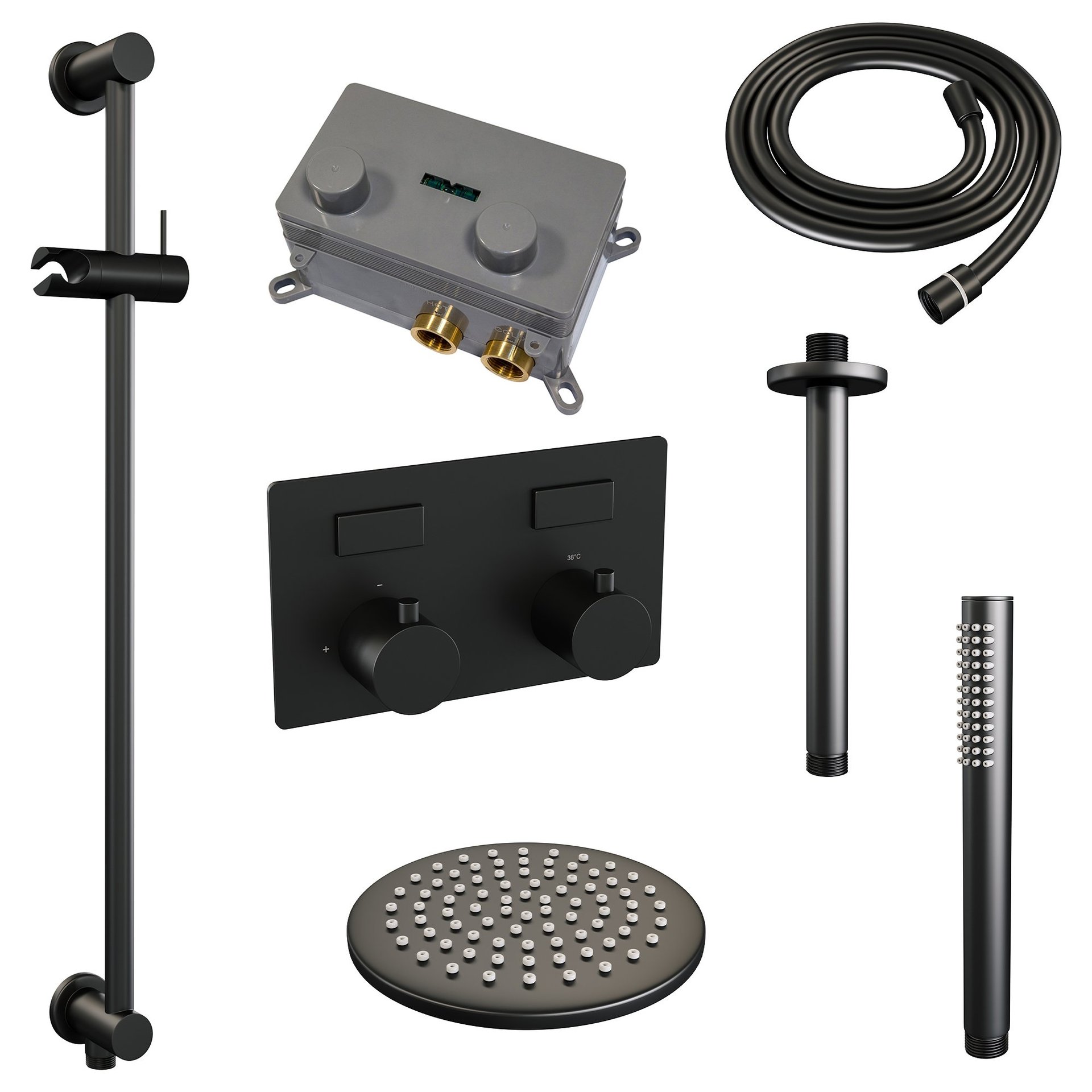 BRAUER Black Edition thermostatische inbouw regendouche met drukknoppen SET 65 met 20 cm douchekop en plafondarm en staaf handdouche en doucheslang en geïntegreerde glijstang mat zwart