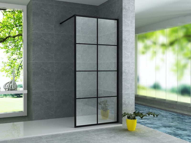 Aloni Inloopdouchewand Mat Zwart Raster 90x200cm