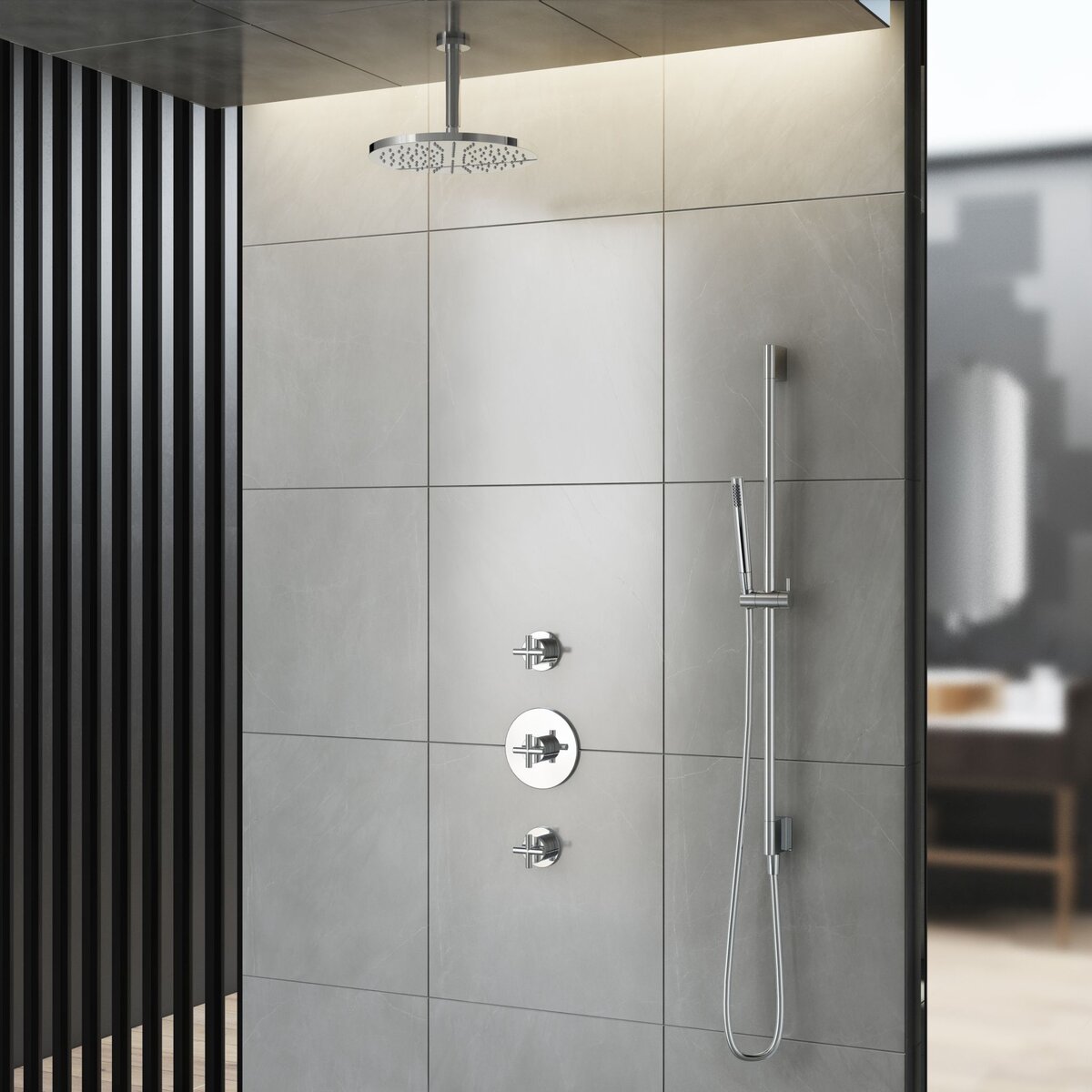 Hotbath Chap Inbouw Regendoucheset Rond Met 2 Stopkranen, Plafondbuis 15cm, Hoofddouche 25cm, Staafhanddouche En Chroom