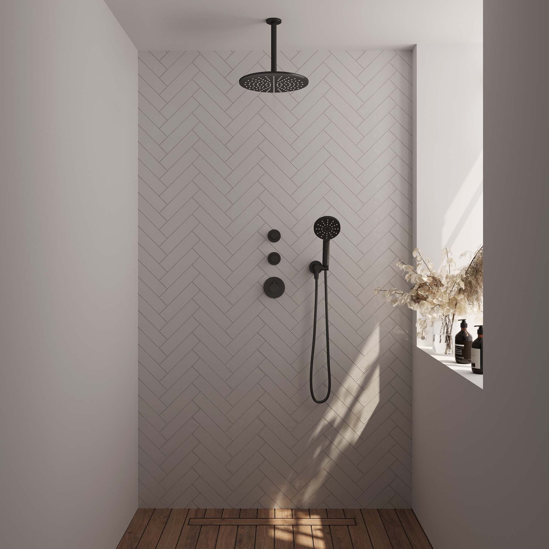 BRAUER Black Edition thermostatische inbouw regendouche SET 12 met 30 cm douchekop en plafondarm en 3-standen handdouche en doucheslang en wandaansluitbocht mat zwart
