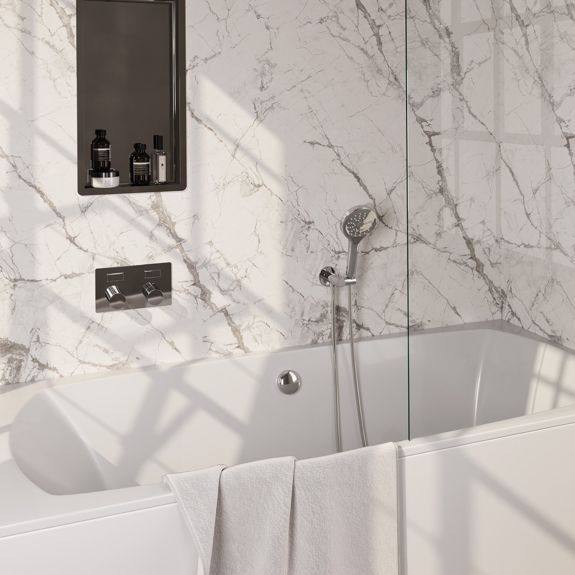 BRAUER Stripe thermostatische inbouw badkraan met drukknoppen SET 04 met badvulcombinatie en 3-standen handdouche en doucheslang en wandaansluitbocht chroom