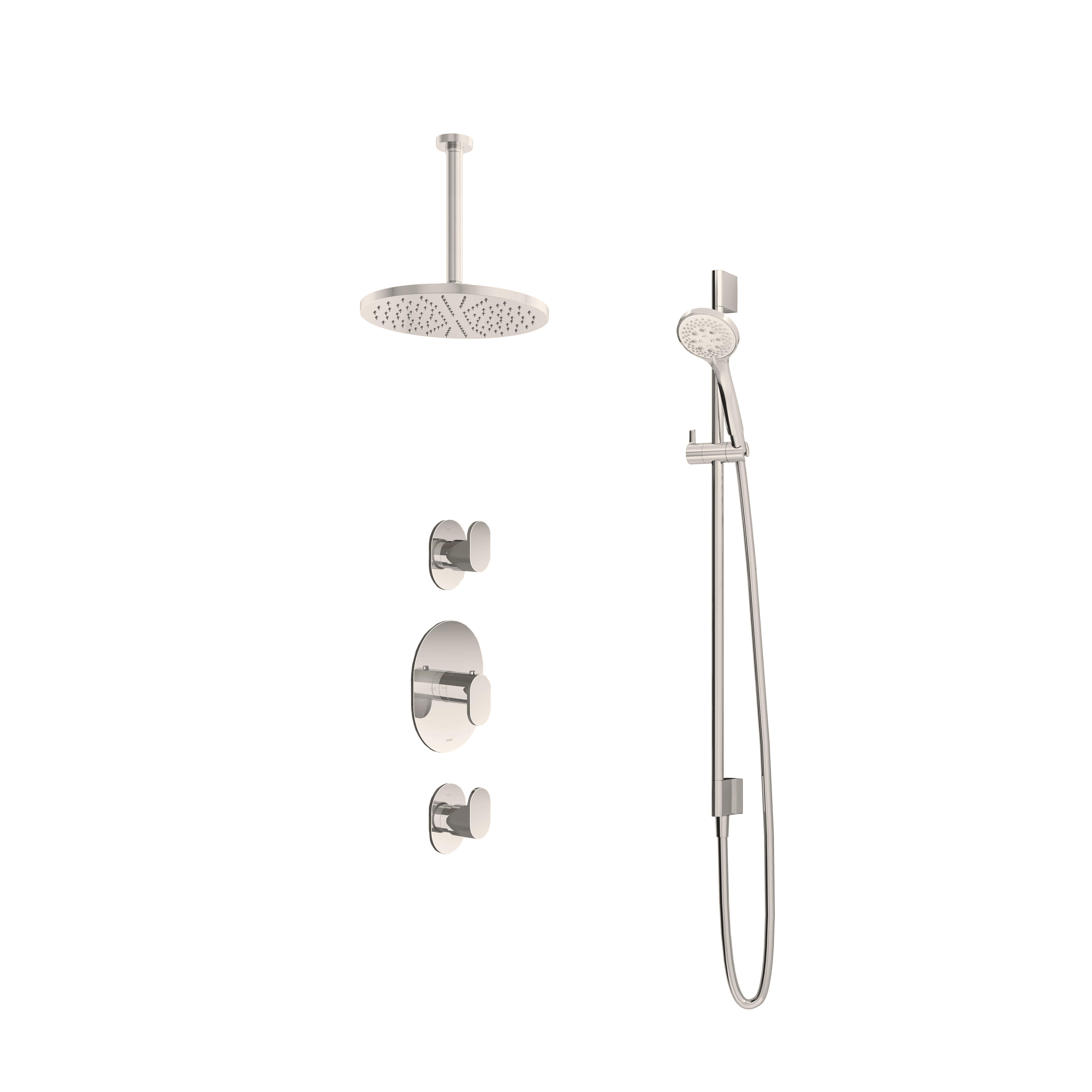 Hotbath Friendo Inbouw Regendoucheset Rond Met 2 Stopkranen, Plafondbuis 30cm, Hoofddouche 30cm, 3-Standen Handdouche En Glijstang Geborsteld Nikkel