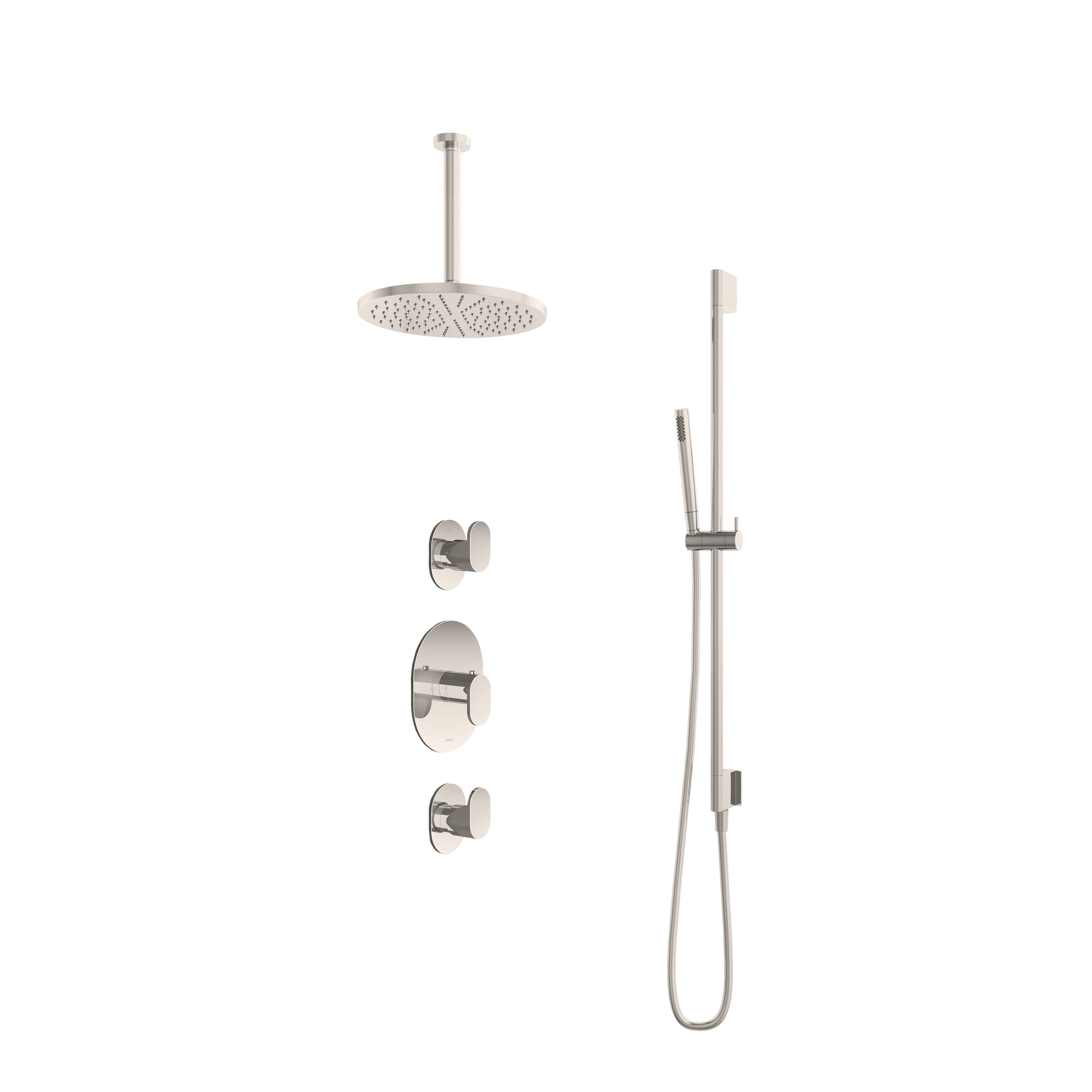 Hotbath Friendo Inbouw Regendoucheset Rond Met 2 Stopkranen, Plafondbuis 30cm, Hoofddouche 30cm, Staafhanddouche En Glijstang Geborsteld Nikkel