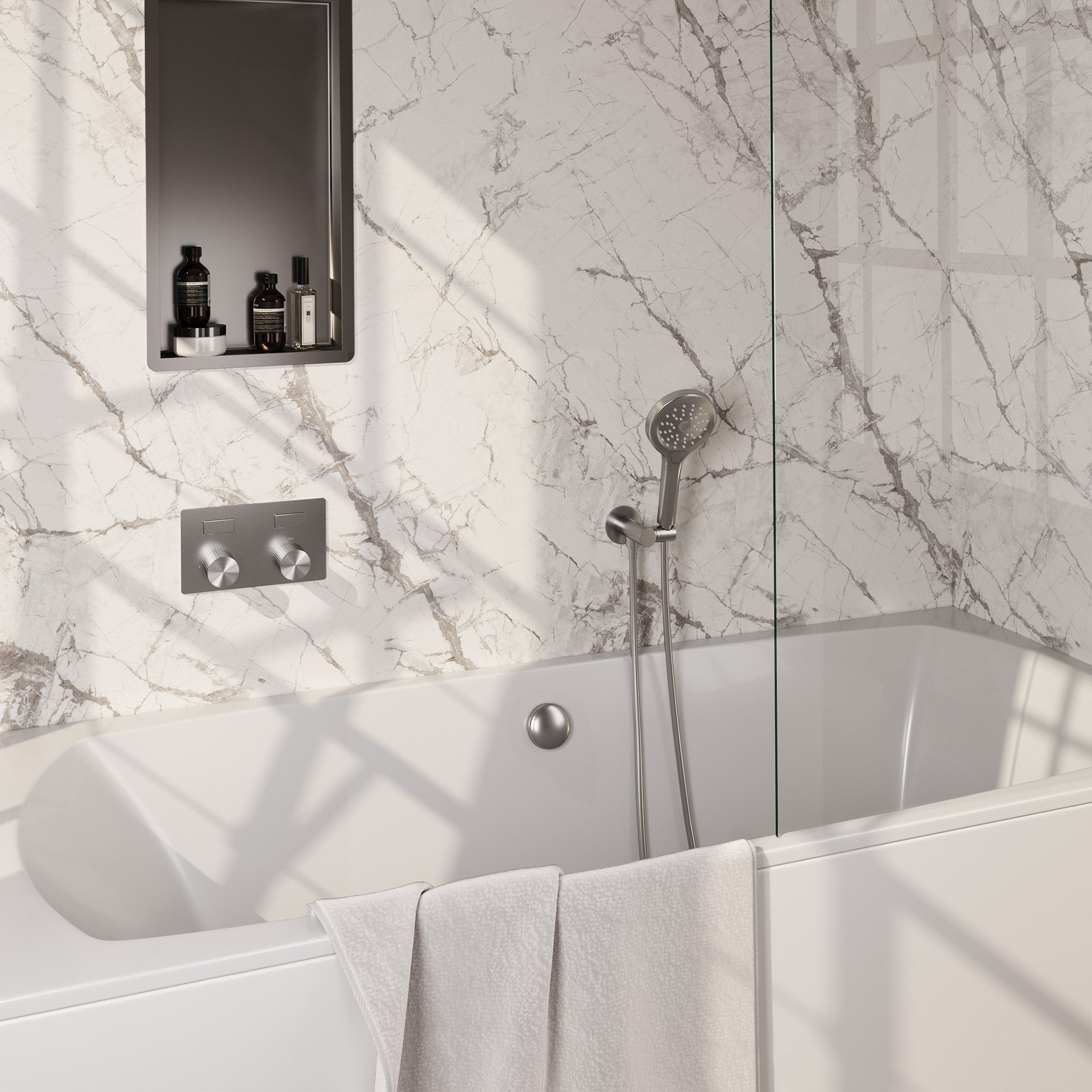 BRAUER Stripe thermostatische inbouw badkraan met drukknoppen SET 04 met badvulcombinatie en 3-standen handdouche en doucheslang en wandaansluitbocht RVS-kleurig geborsteld PVD