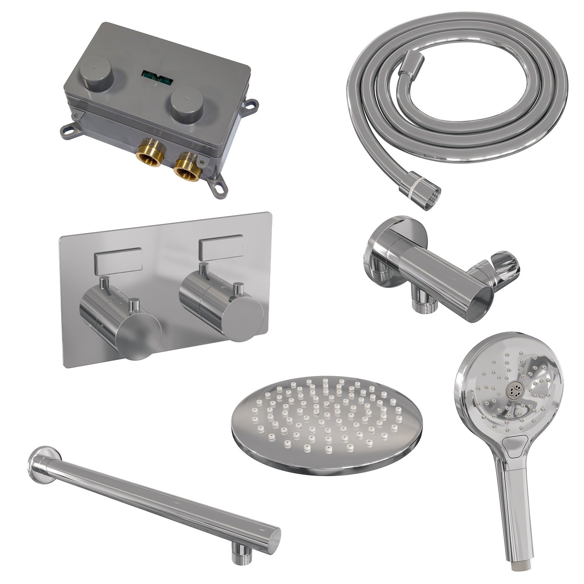 BRAUER Chrome Edition thermostatische inbouw regendouche met drukknoppen SET 55 met 20 cm douchekop en rechte muurarm en 3-standen handdouche en doucheslang en wandaansluitbocht chroom