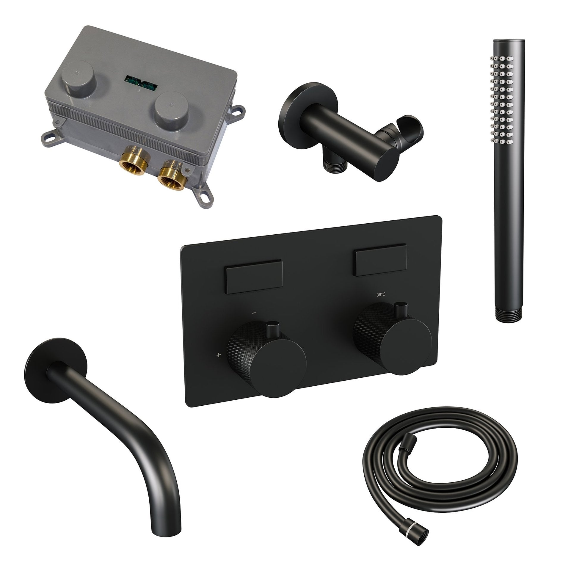 BRAUER Black Carving thermostatische inbouw badkraan met drukknoppen SET 03 met uitloop en staaf handdouche en doucheslang en wandaansluitbocht mat zwart