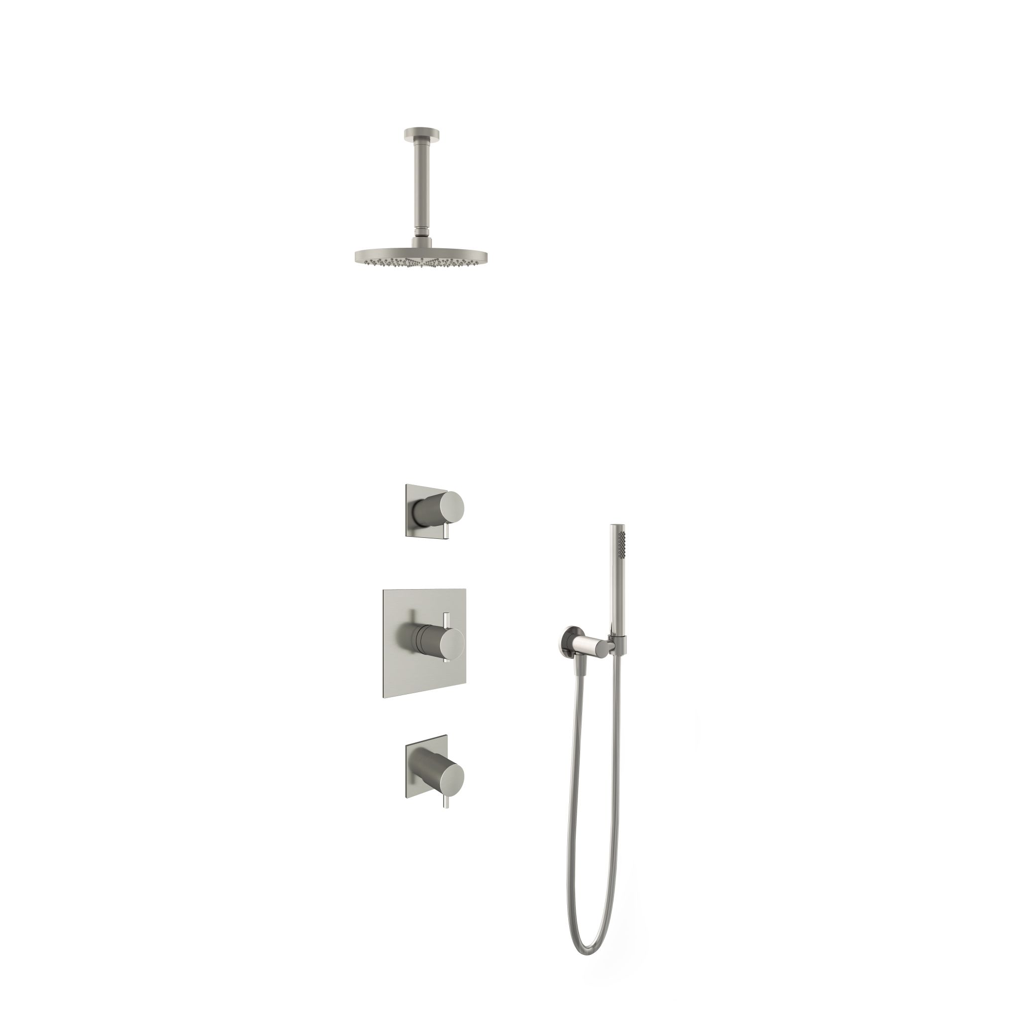 Hotbath Laddy Inbouw Regendoucheset Rond-Vierkant Met 2 Stopkranen, Plafondbuis 15cm, Hoofddouche 20cm En Staafhanddouche Geborsteld Nikkel