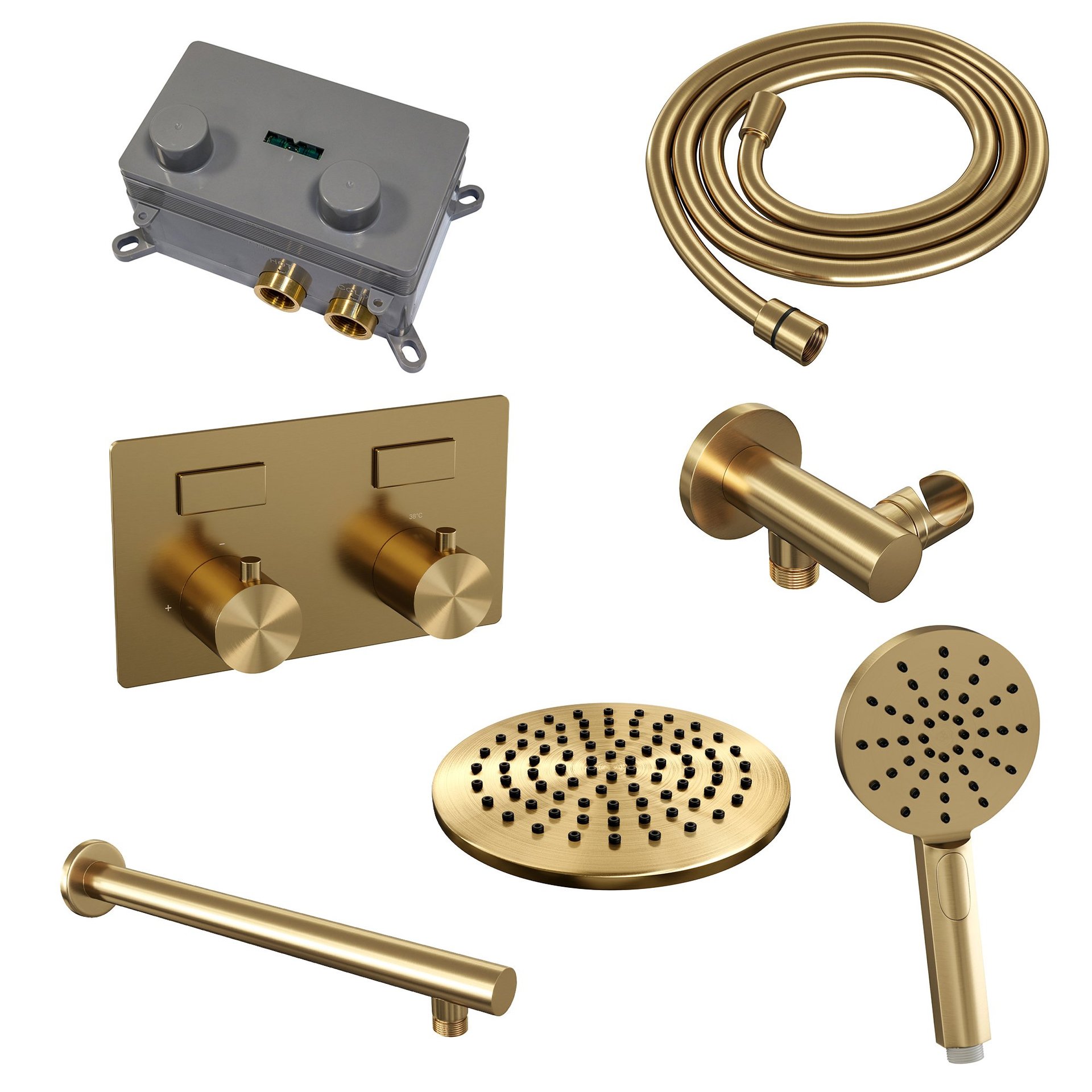 BRAUER Gold Edition thermostatische inbouw regendouche met drukknoppen SET 55 met 20 cm douchekop en rechte muurarm en 3-standen handdouche en doucheslang en wandaansluitbocht goud geborsteld PVD