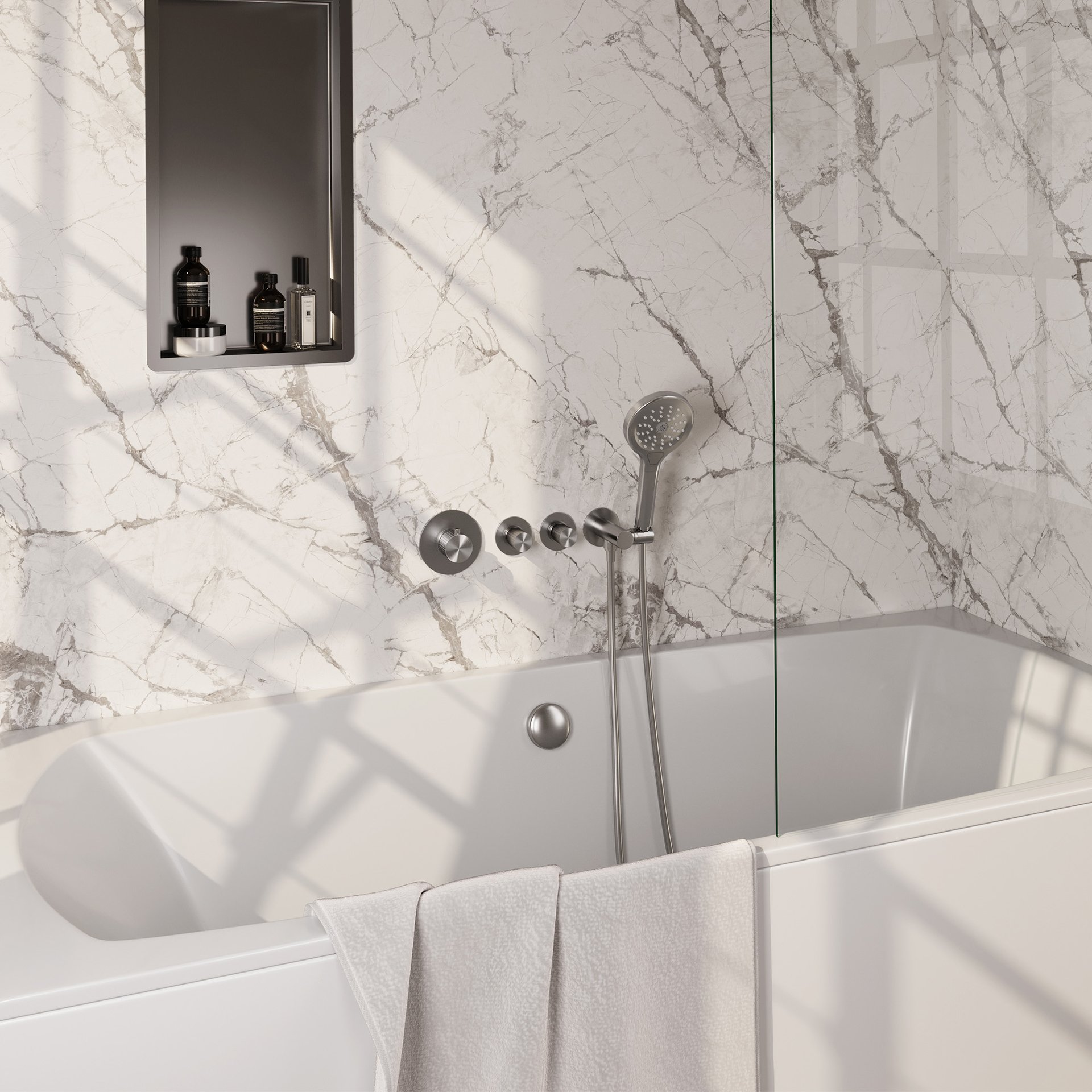 BRAUER Stripe thermostatische inbouw badkraan SET 02 met badvulcombinatie en 3-standen handdouche en doucheslang en wandaansluitbocht RVS-kleurig geborsteld PVD