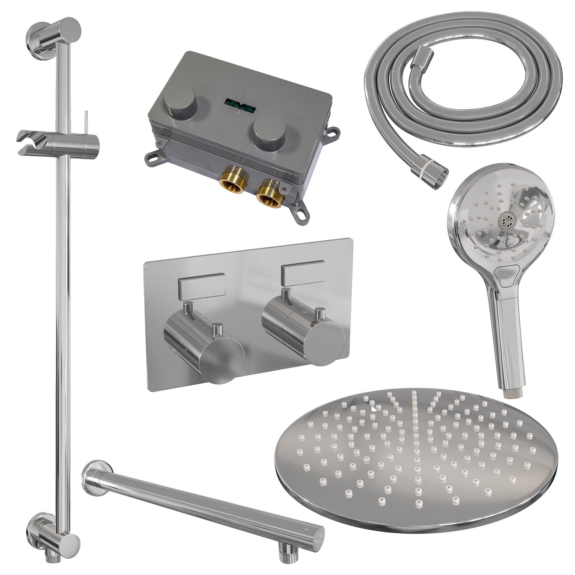 BRAUER Chrome Edition thermostatische inbouw regendouche met drukknoppen SET 68 met 30 cm douchekop en rechte muurarm en 3-standen handdouche en doucheslang en geïntegreerde glijstang chroom