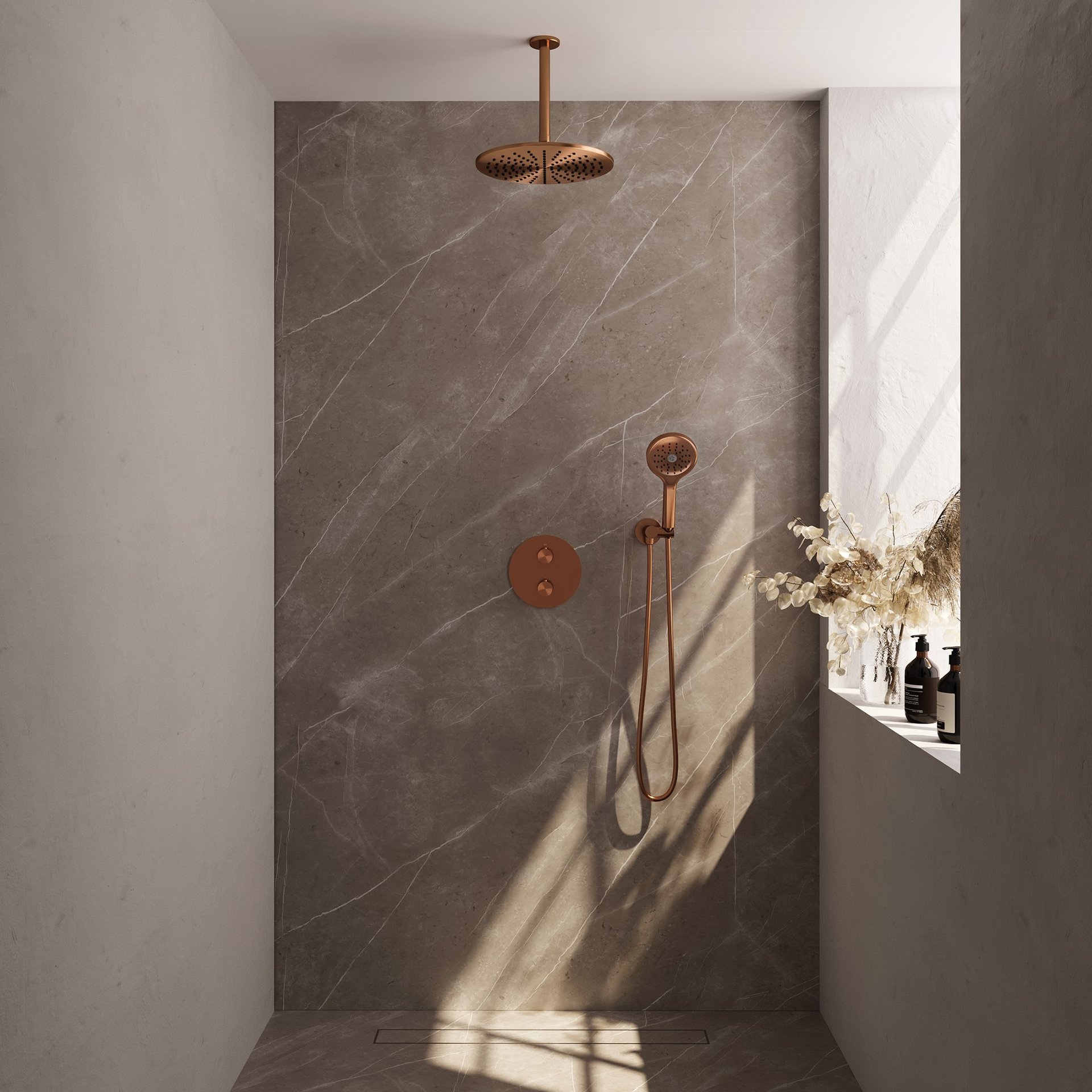 BRAUER Copper Edition thermostatische inbouw regendouche 3-weg rond SET 84 met 30 cm douchekop en plafondarm en 3-standen handdouche en doucheslang en wandaansluitbocht koper geborsteld PVD