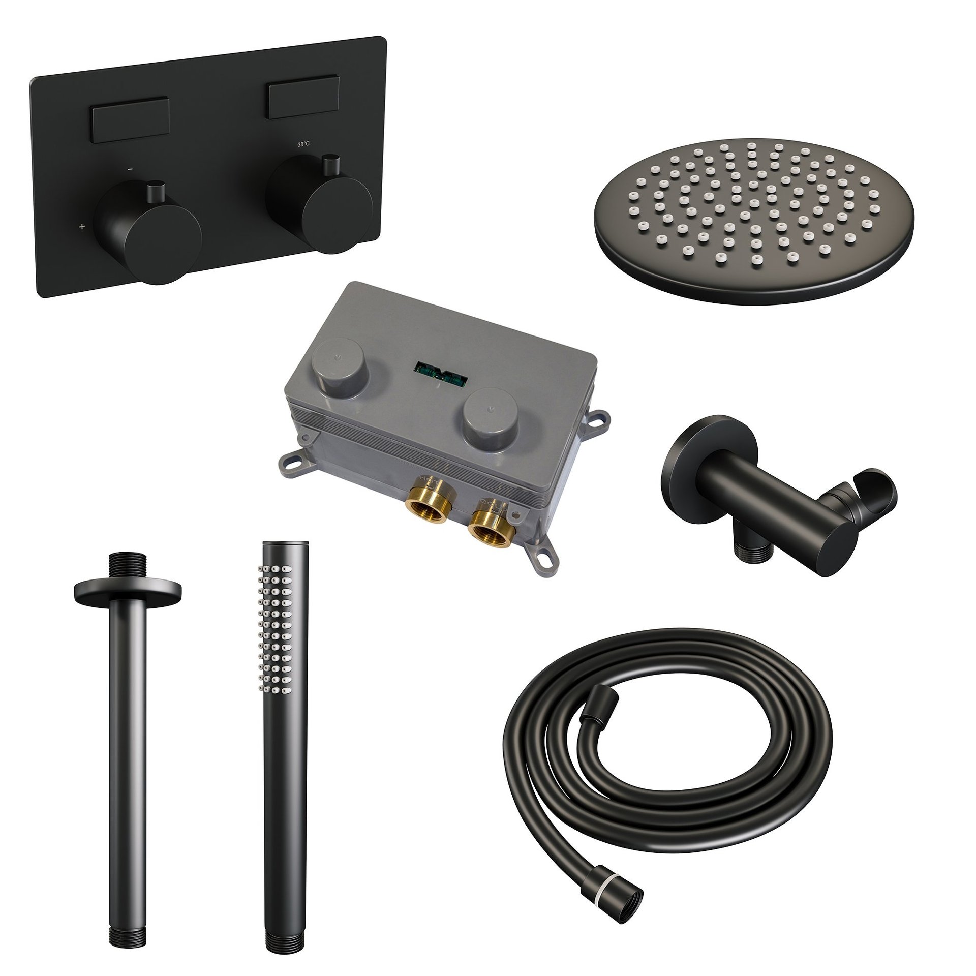 BRAUER Black Edition thermostatische inbouw regendouche met drukknoppen SET 53 met 20 cm douchekop en plafondarm en staaf handdouche en doucheslang en wandaansluitbocht mat zwart