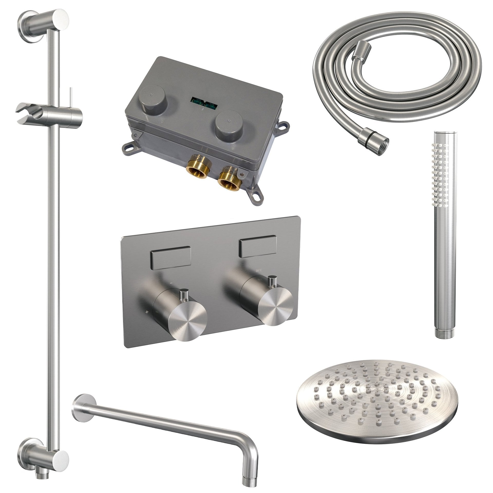 BRAUER Brushed Edition thermostatische inbouw regendouche met drukknoppen SET 63 met 20 cm douchekop en gebogen muurarm en staaf handdouche en doucheslang en geïntegreerde glijstang RVS geborsteld PVD