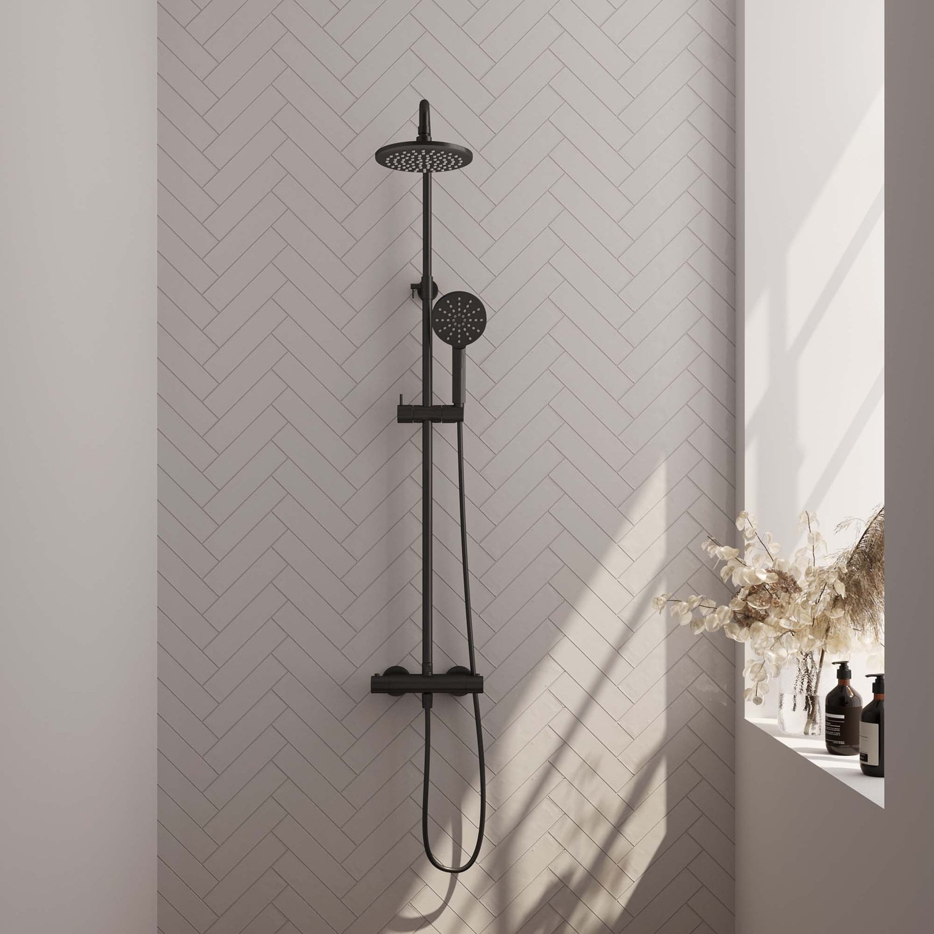 BRAUER Black Edition opbouw thermostatische regendouche SET 02 met 20 cm hoofddouche en 3-standen handdouche en doucheslang mat zwart